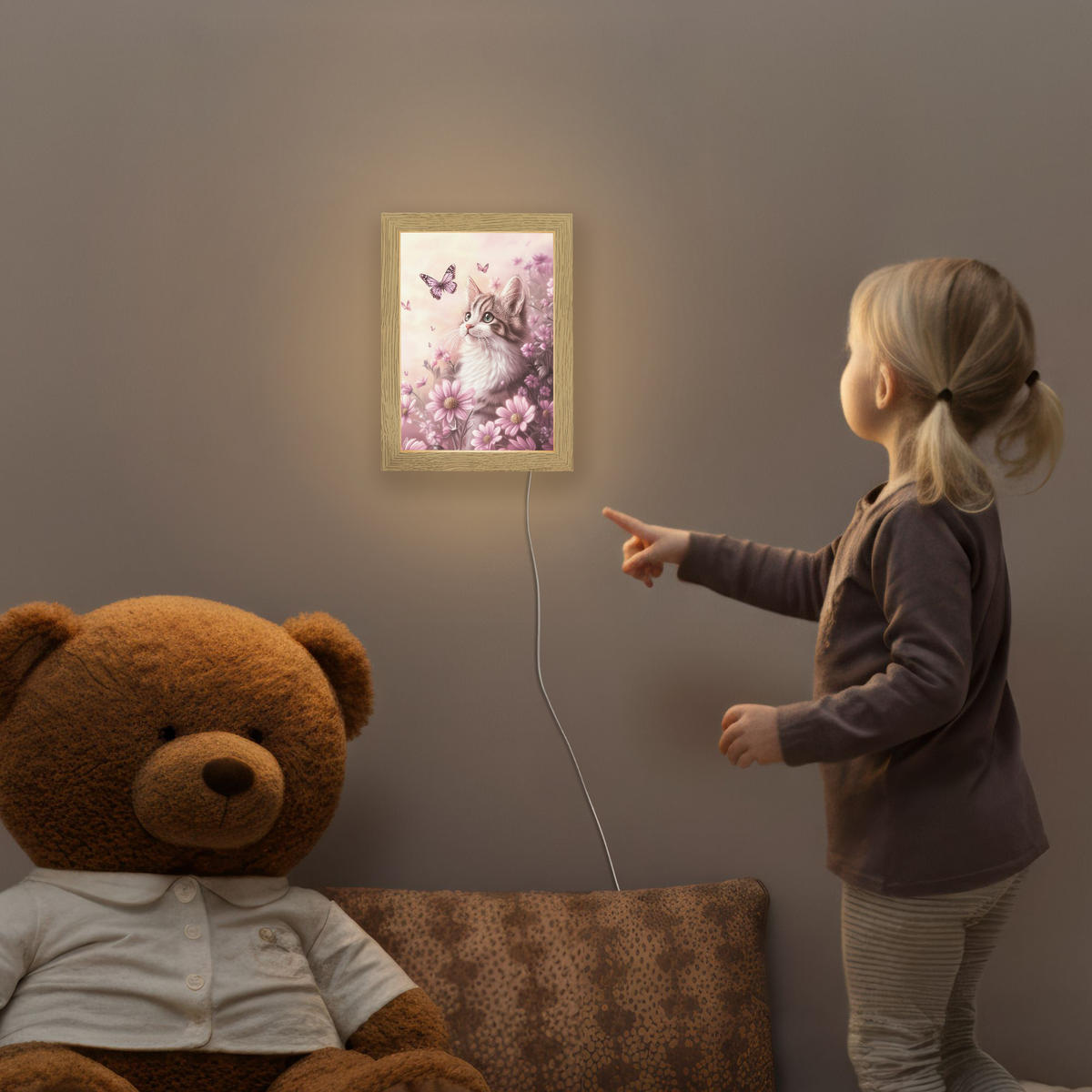 NACHTTISCHLAMPE Kätzchen - Blumen - Schmetterlinge - Lila 15x20 cm - Altrosa, Holzwerkstoff (8/15/20cm)