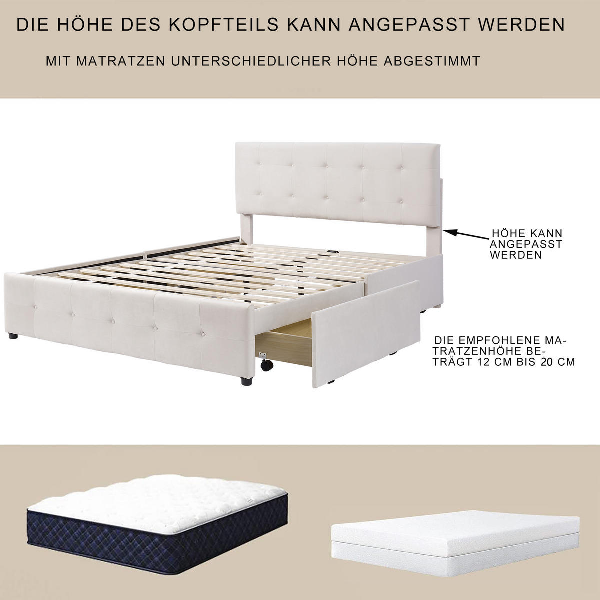 POLSTERBETT 140x200 Samt Lattenrost 2 Schubladen Beige - Beige, Holzwerkstoff - FLIEKS