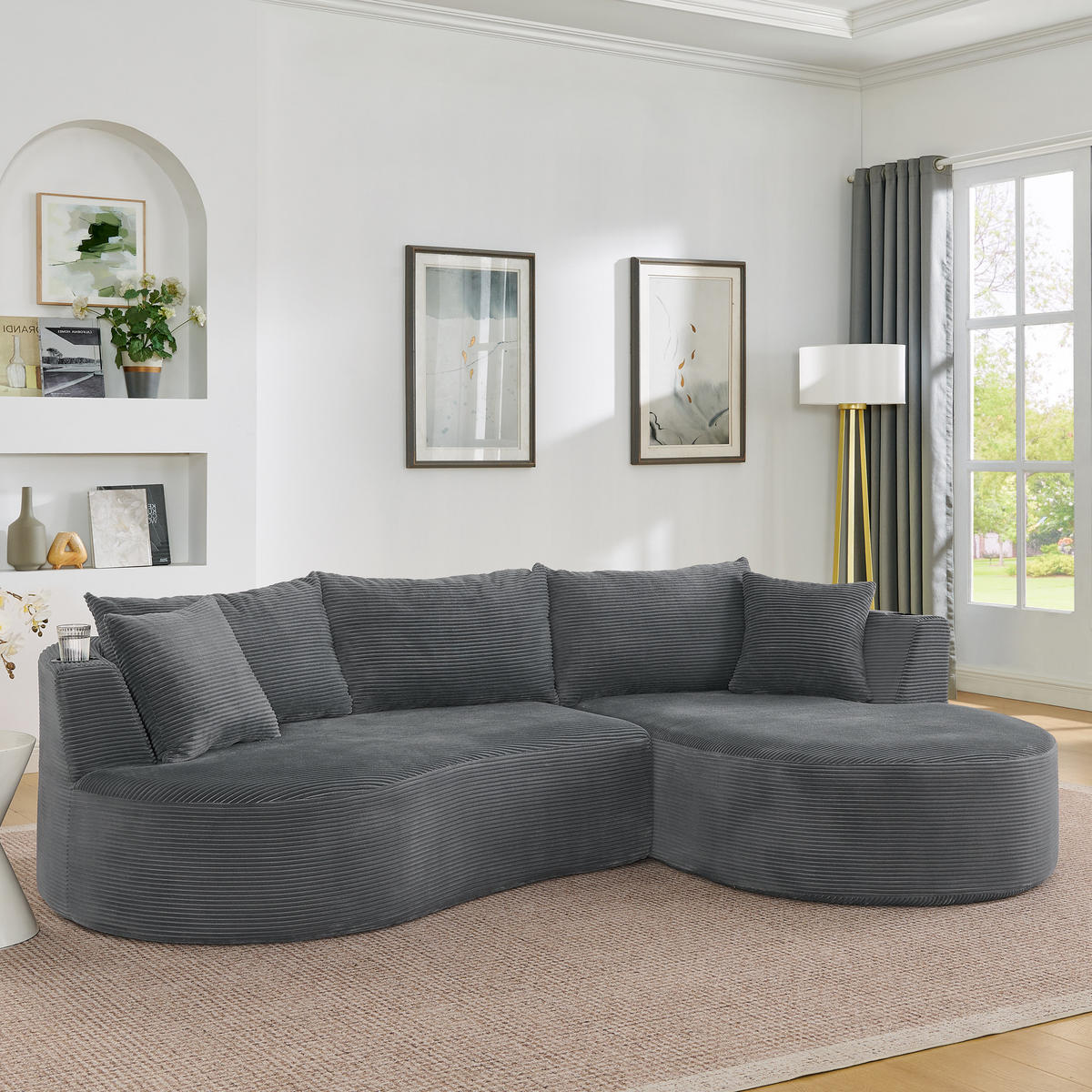 3-SITZER ECKSOFA Cord Grau mit Getränkehaltern und Kissen - Grau, Textil (264/168cm) - WISHDOR