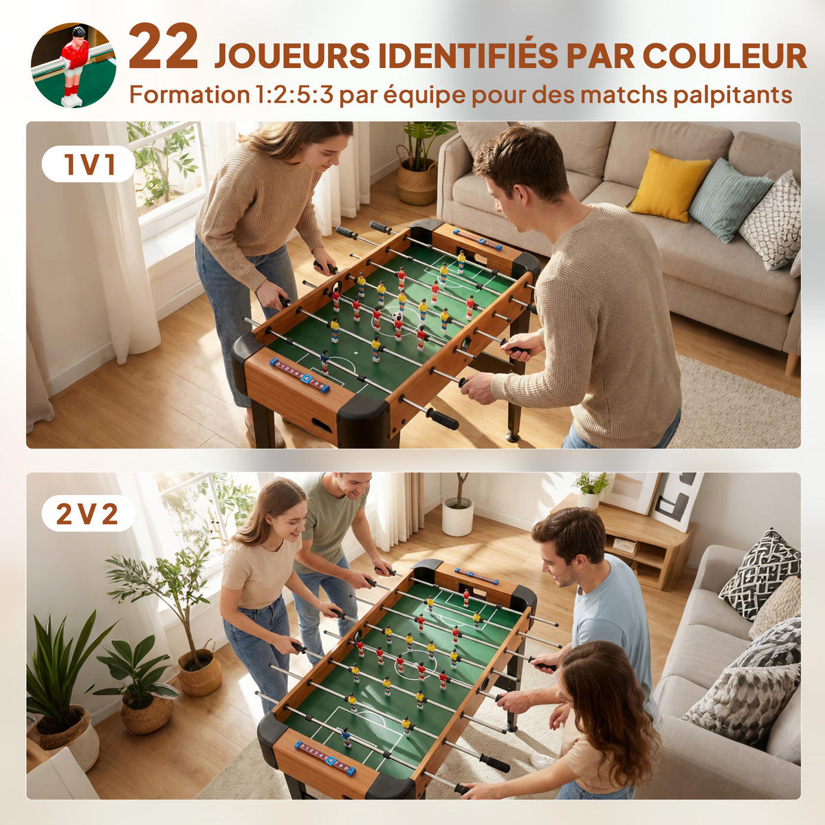 TISCHFUSBALL DE-18856 22 Spieler, 360°-Stangen Braun - Braun, Holzwerkstoff (75/92cm) - ComfortXL