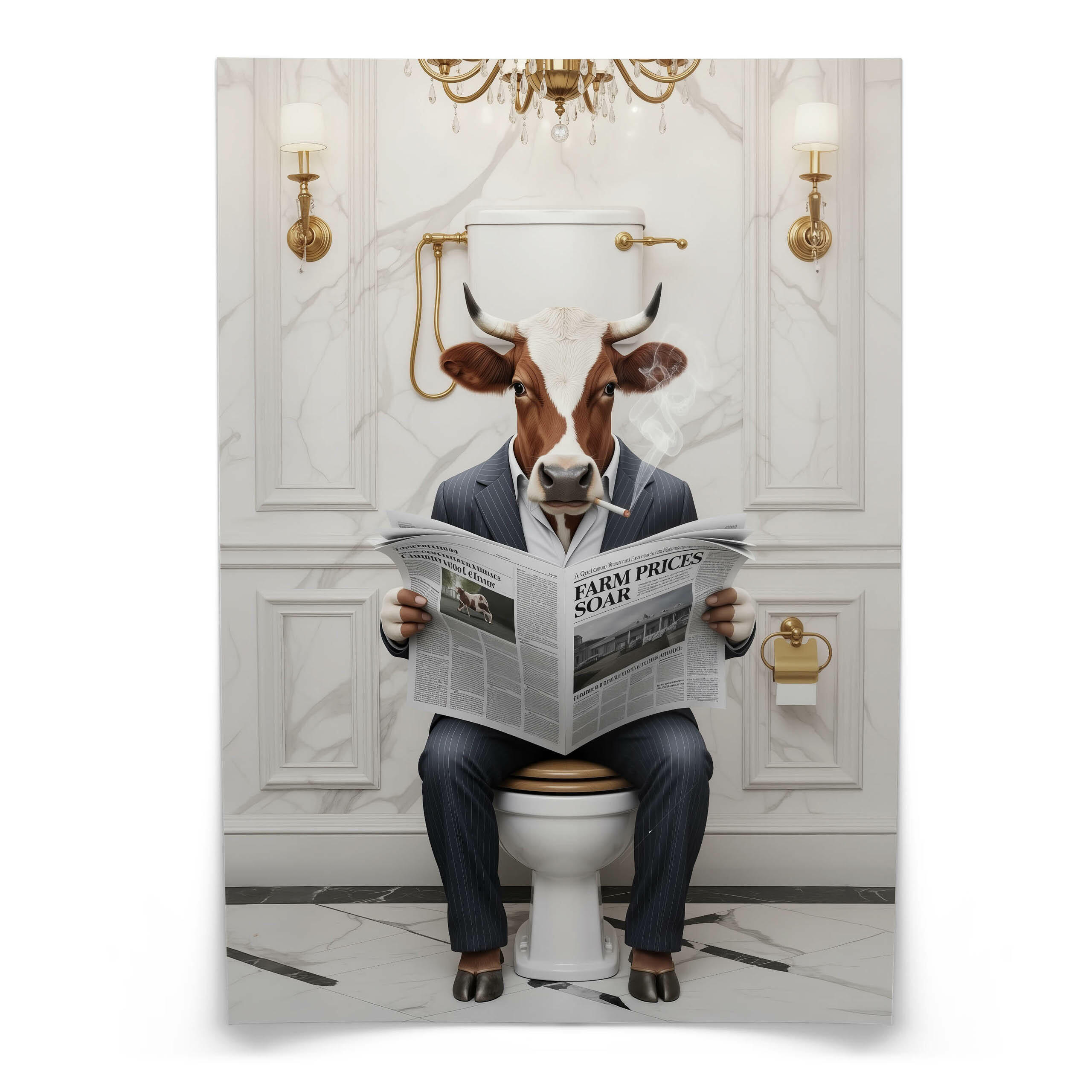 POSTER für WC Badezimmer KUH Bulle mit Zeitung auf Toilette Abstraktion 20x30cm - Gelb/Schwarz, Papier (20/30/30cm) - Muralo