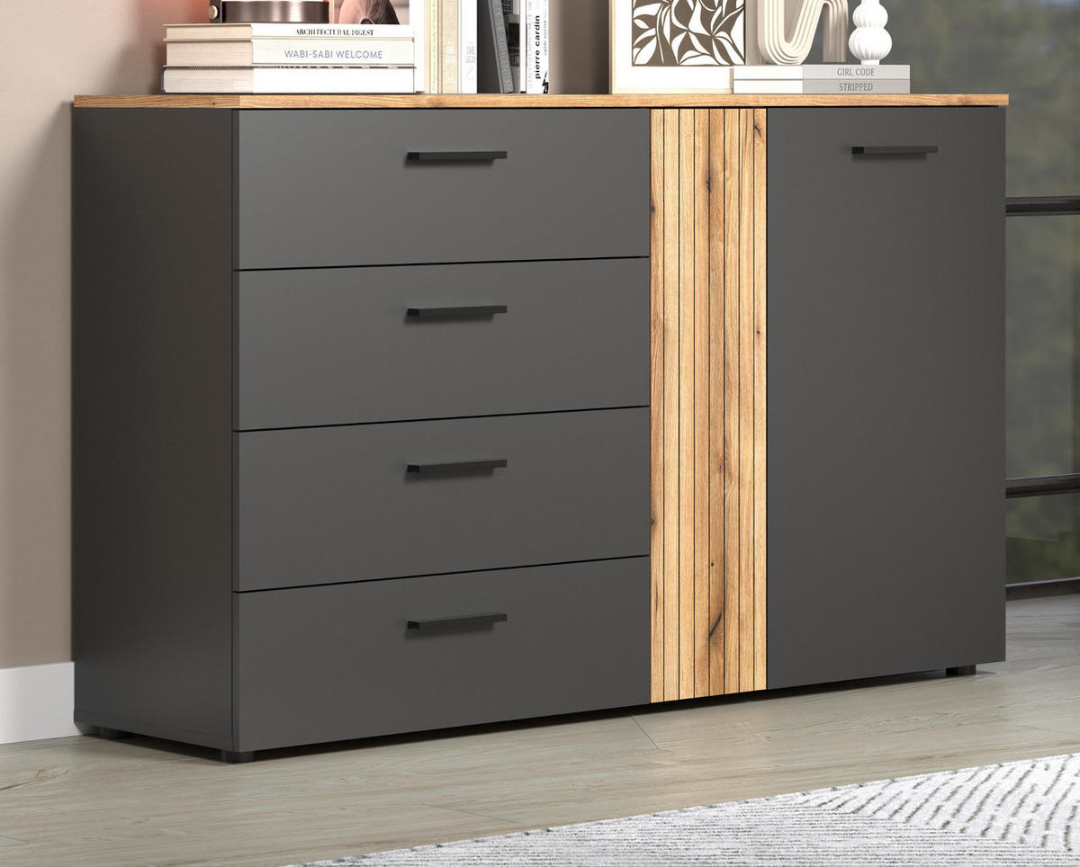 SIDEBOARD grau, Evoke Eiche 139 cm, Kommode mit viel Stauraum - Eichefarben/Anthrazit, Holzwerkstoff/Kunststoff (139/86/38cm) - Top.Furn