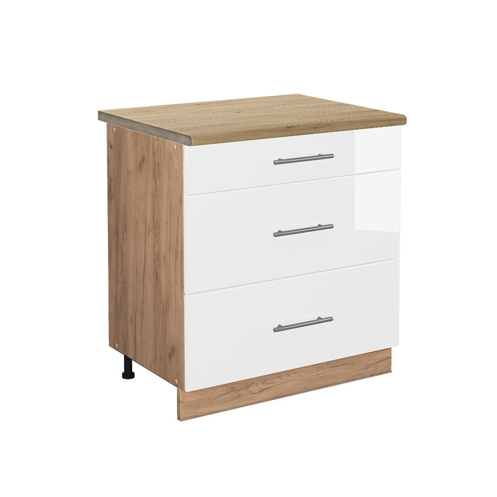 KÜCHENUNTERSCHRANK Fame-Line Weiß Hochglanz 80 cm mit 3 Schubladen AP Eiche - Weiß Hochglanz/Eiche Wotan, Holzwerkstoff (80/82/60cm) - Vicco