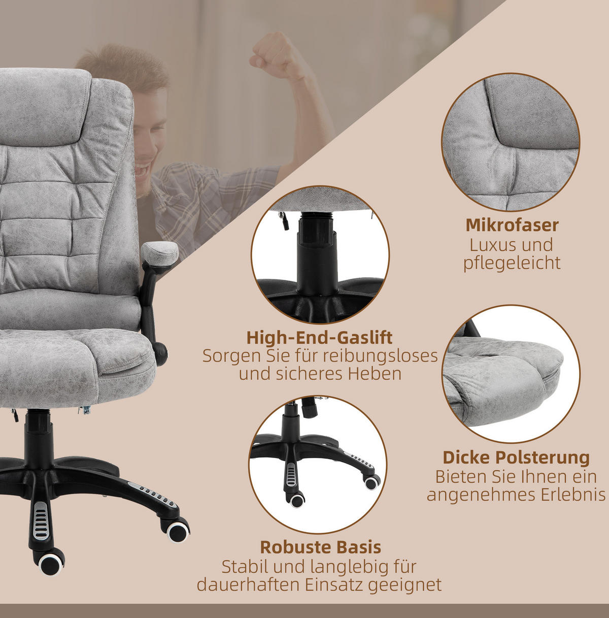 BÜROSTUHL mit Massage- und Heizfunktion höhenverstellbar Polyester Grey - Grau, Kunststoff (72/120/68cm) - Meubliv
