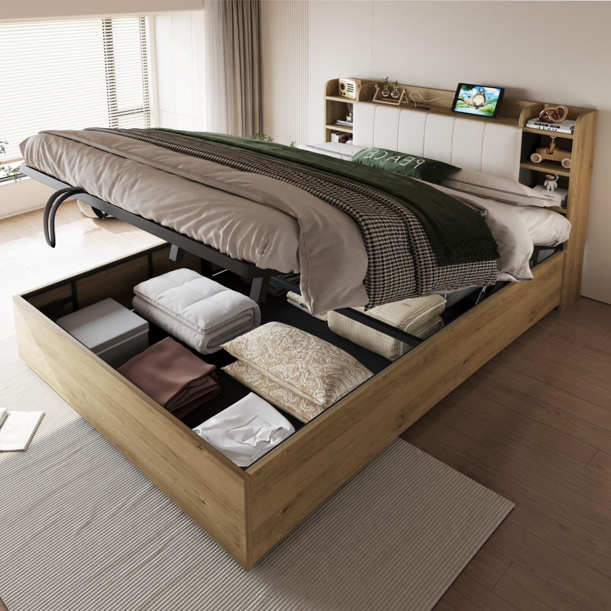 POLSTERBETT 180/200 cm Holzfarbe mit Stauraum, Ausgestattet mit USB und Tape-C-Steckdose - Naturfarben, Holz (180/200cm) - Oxeza