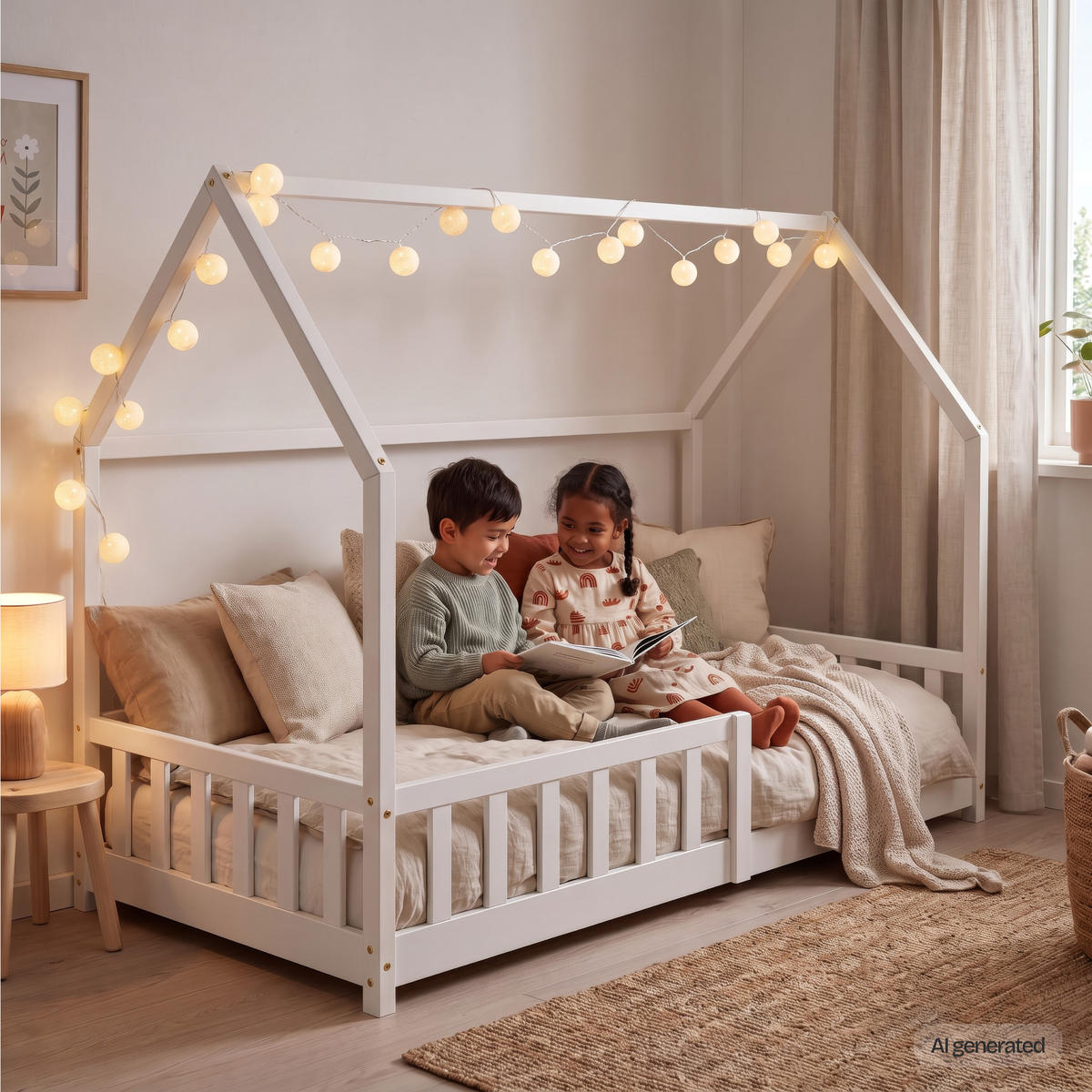 HAUSBETT Hesel mit Matratze - Weiß, Holz/Textil (90/200cm) - [en.casa]