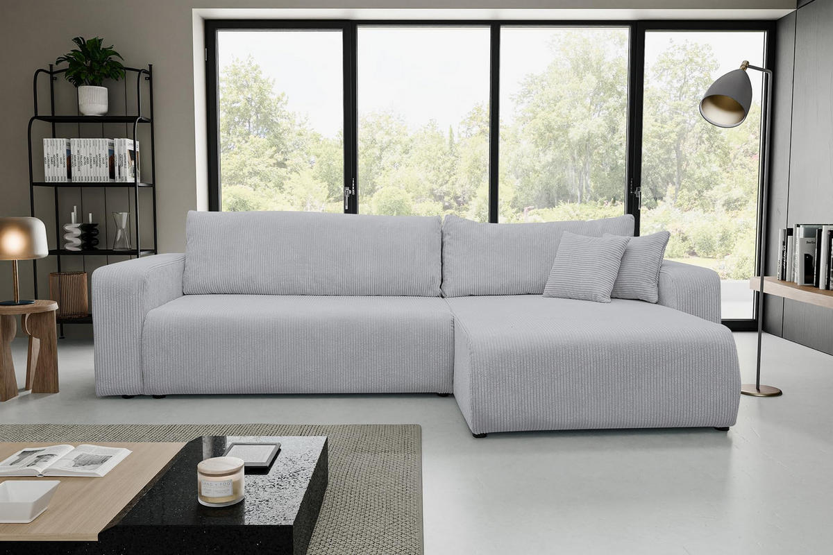 ECKSOFA Luna XL mit Schlaffunktion und Bettkasten Cord-Stoff (Grau) - Grau, Textil (274/142cm) - VENASI MÖBEL