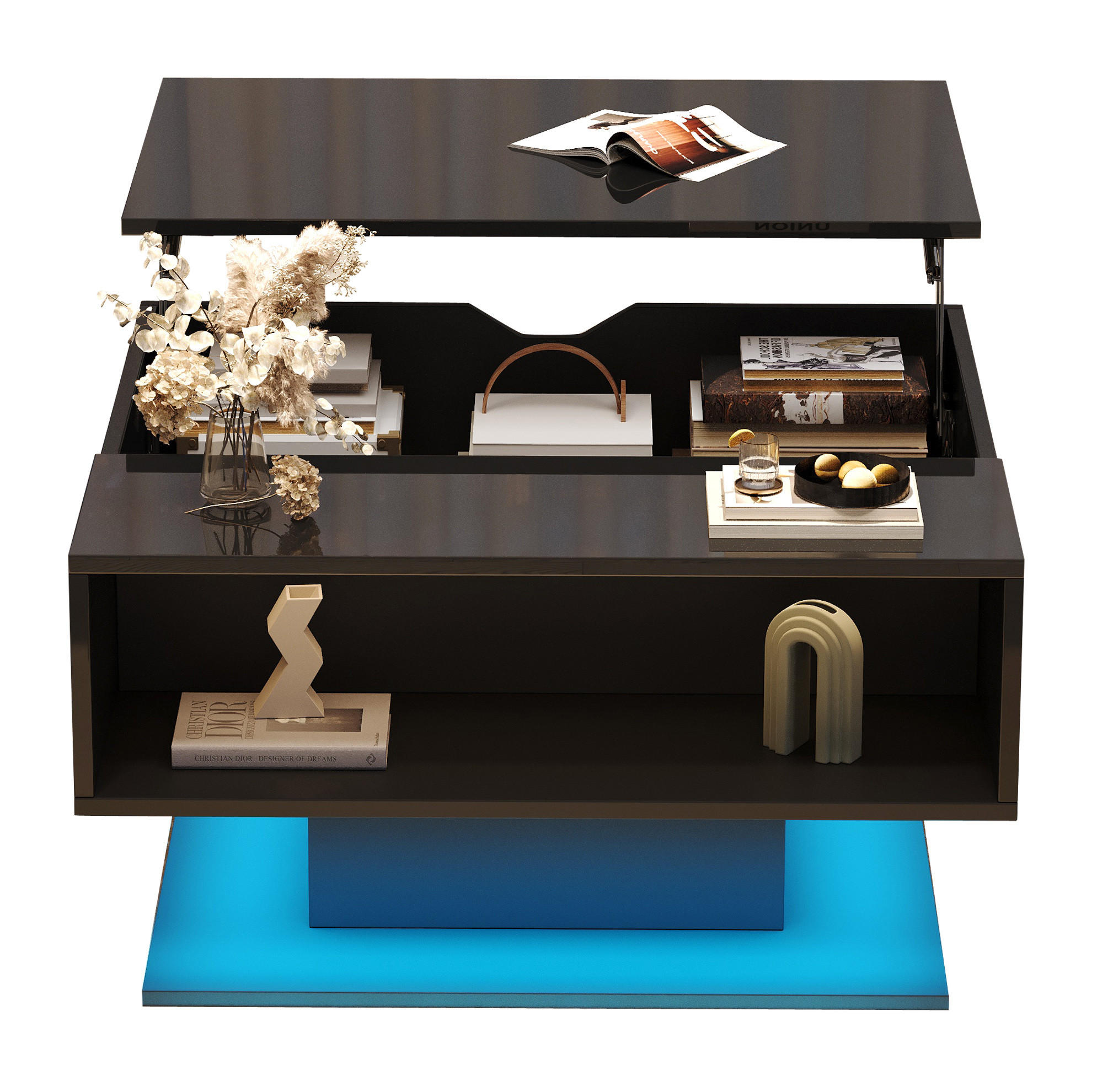 COUCHTISCH 80/75/40 cm schwarz aus Spanplatte mit LED und Stauraum - Schwarz, Holzwerkstoff (80/75/40cm) - OKMYHOME