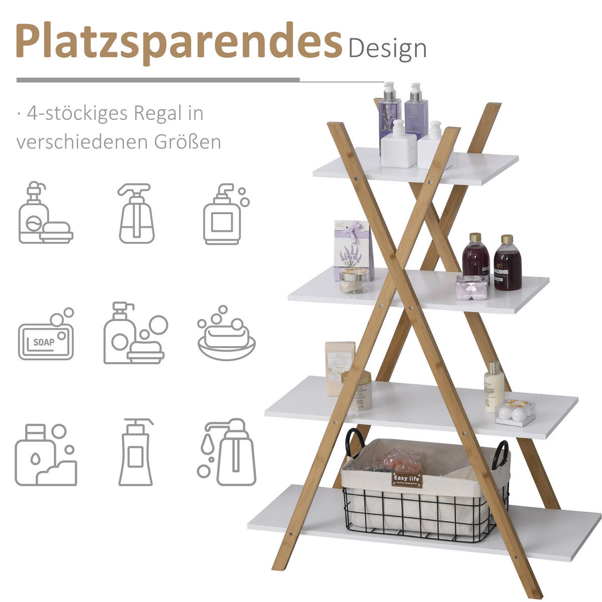 BADREGAL Standregal 4 Ebenen Treppenregal Leiterregal Badezimmer Bambus Weiß - Naturfarben, Holzwerkstoff (33/109/80cm) - Kleankin