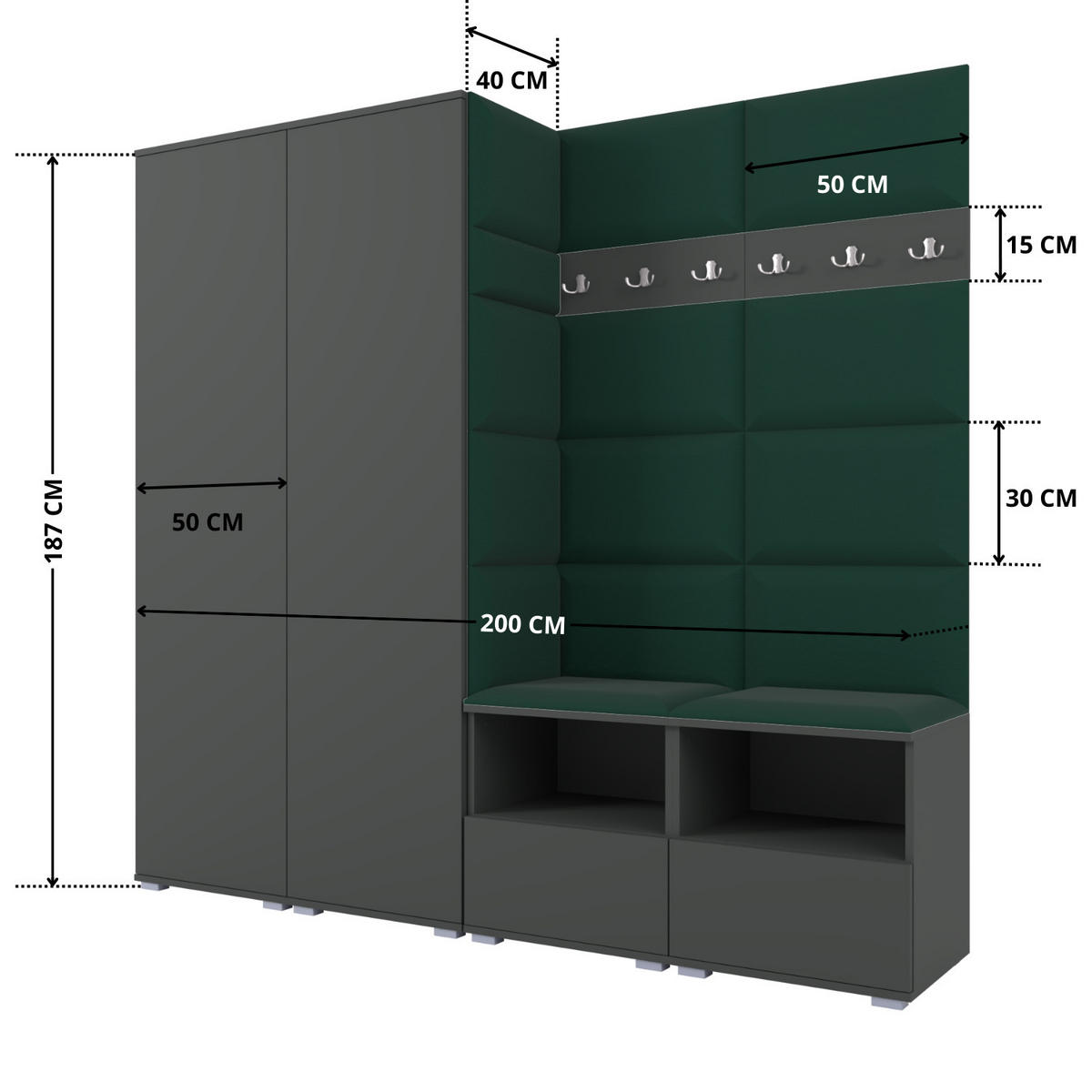 GARDEROBE NELA VI 200 cm (Kompaktgarderobe Graphit mit Sitzpolster Flaschengrün 28 Schrank & Paneel) - Dunkelgrün/Silberfarben, Holz/Holzwerkstoff (200/187/40cm) - Ravio