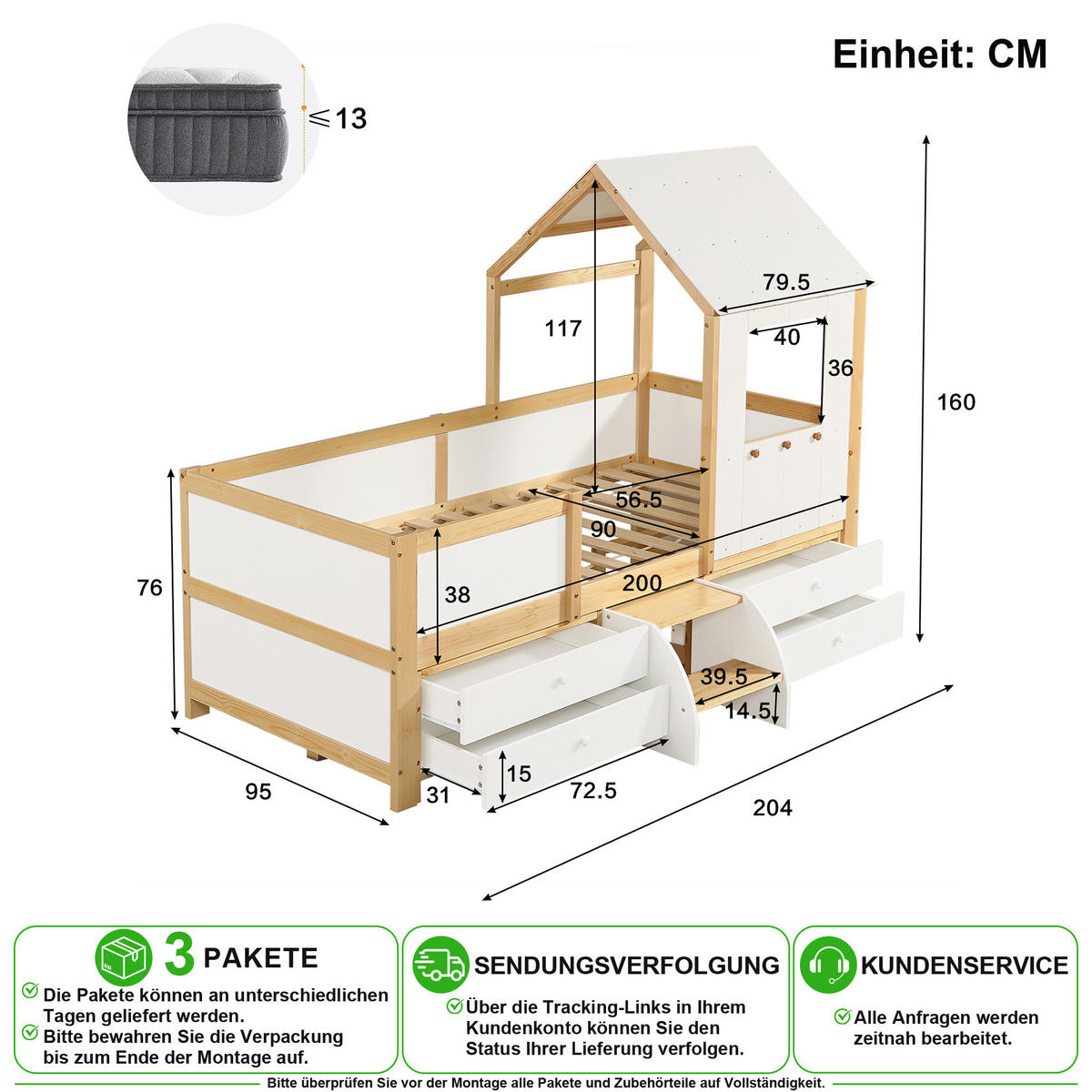 KINDERBETT 90/200 cm in Weiß & Natur mit 4 Schubladen und Treppe - Weiß/Naturfarben, Holz/Holzwerkstoff (90/200cm) - CHICFURN