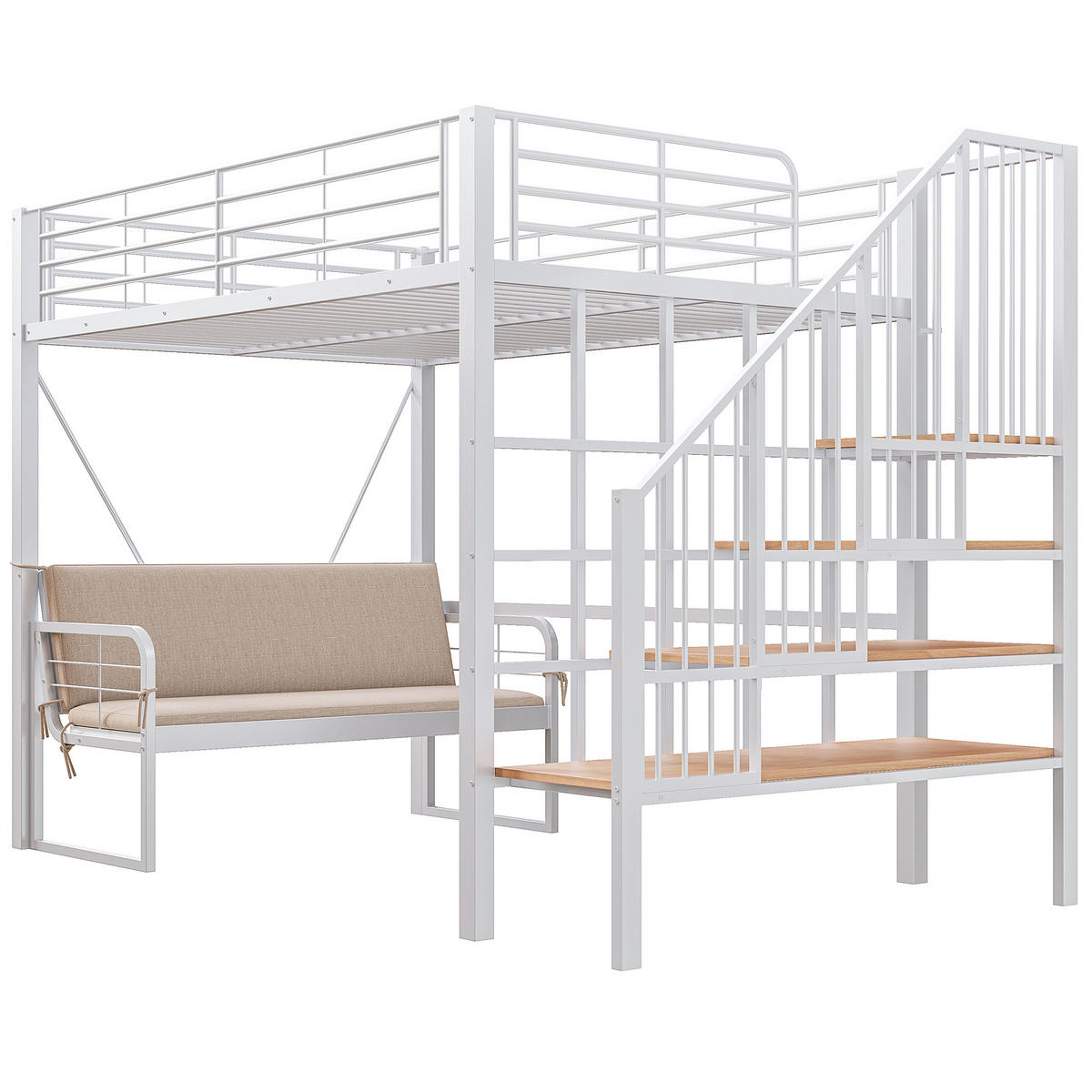 ETAGENBETT 140/200 cm in Weiß mit Stauraumtreppe und Sofa - Weiß, Holzwerkstoff/Metall (140/200cm) - STILVORA