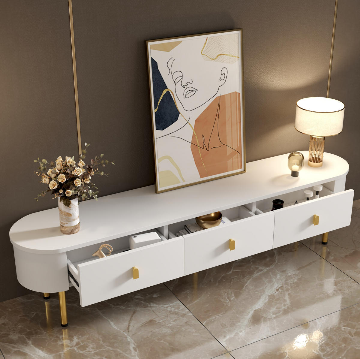 TV-SCHRANK in Weiß lackiert mit 3 Schubladen und goldfarbenen Beinen 174/35/41 cm - Weiß, Holzwerkstoff (174/41/35cm) - Redom