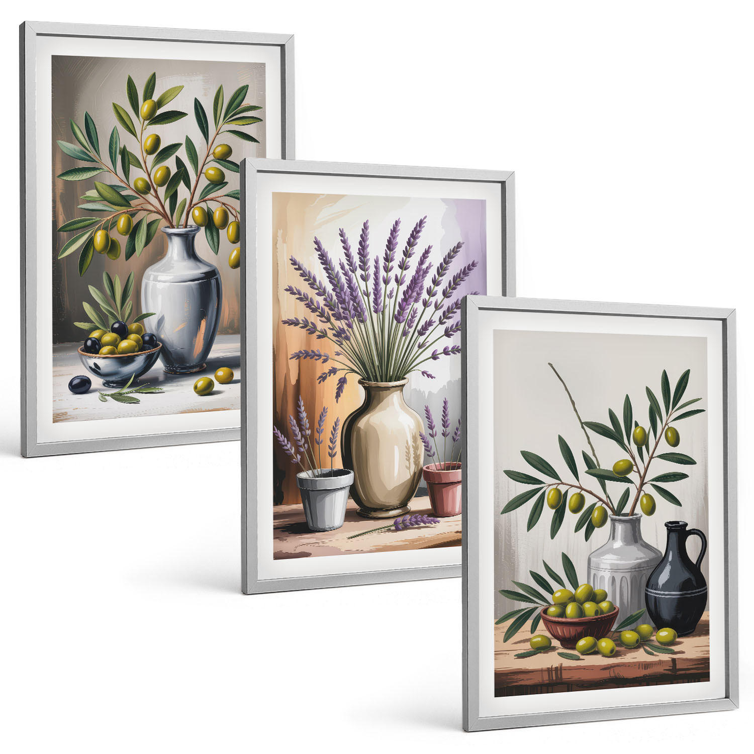BILDER SET 3er Set - 40x60 cm Silberner Rahmen - Olivenblüten in Vasen im Hintergrund - Silberfarben, Kunststoff (40/60cm) - TULUP