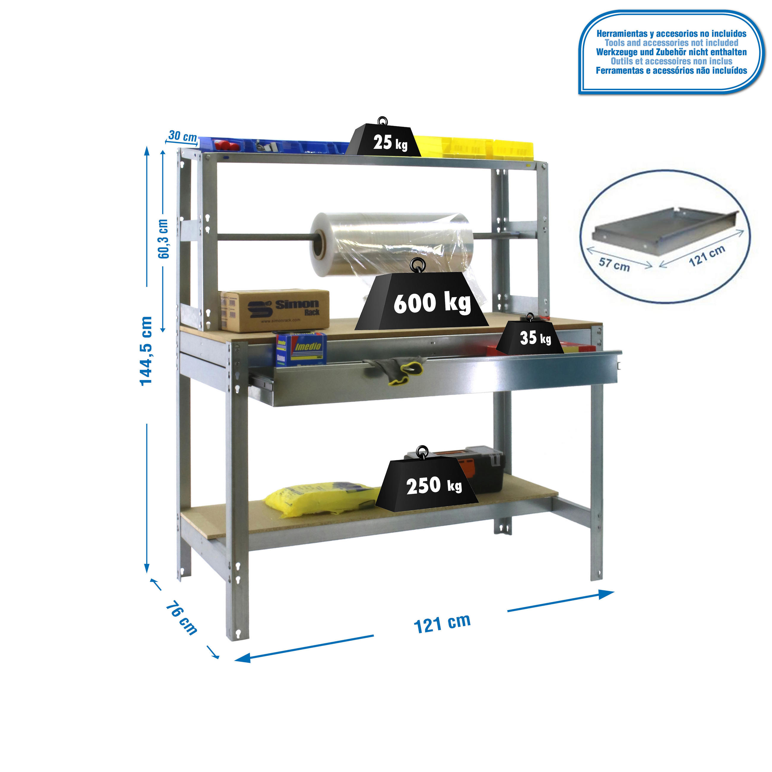 PACKTISCH BUFFALO mit Schubfach | HxBxT 84x120x76cm | Traglast 600kg | Verzinkt - Silberfarben, Metall (120/84/76cm) - PROREGAL
