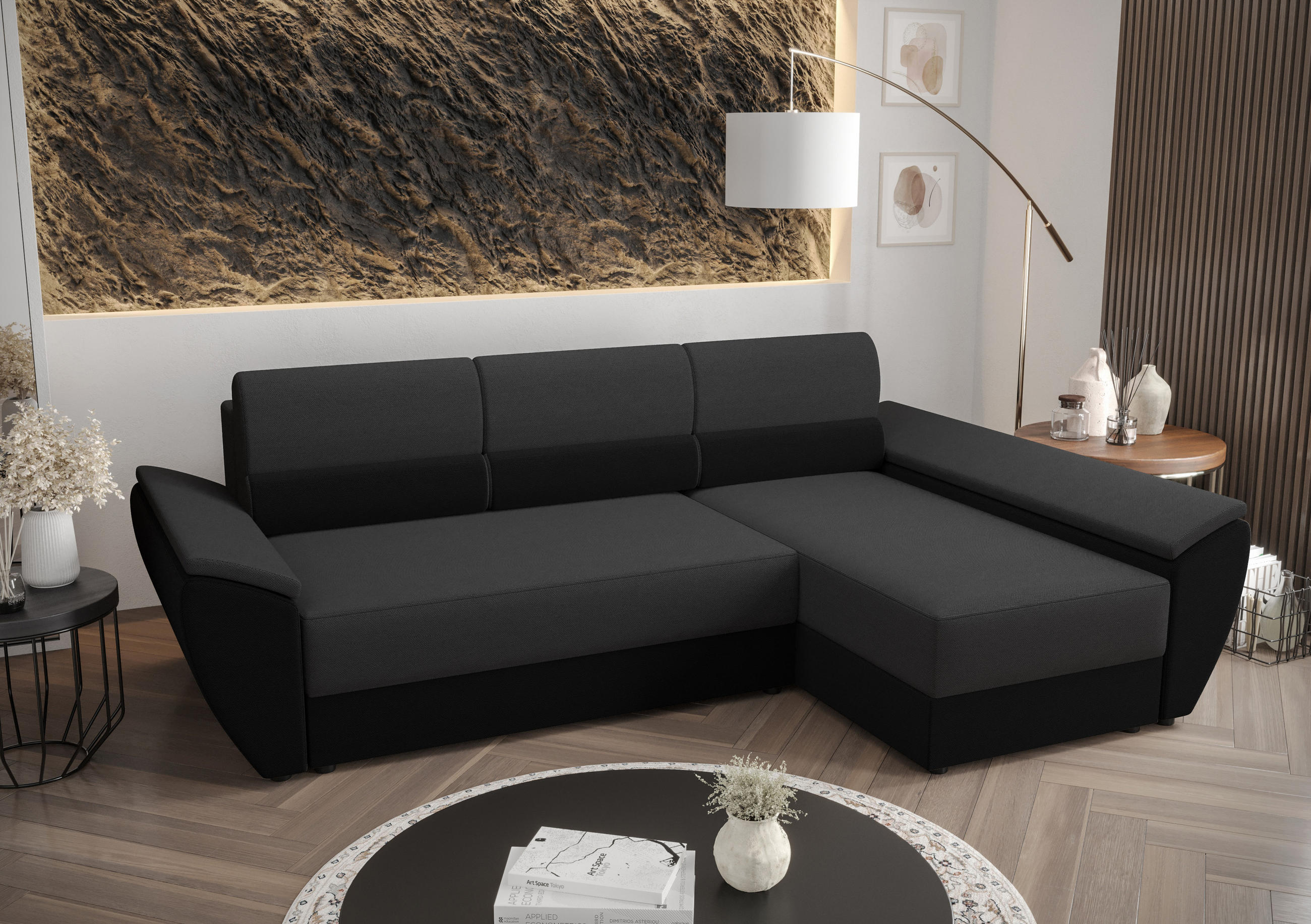 ECKSOFA L REBI L3 Rainbow 27/15 Rechts mit Schlaffunktion, Grau/Schwarz - Schwarz/Grau, Textil (251/140cm)