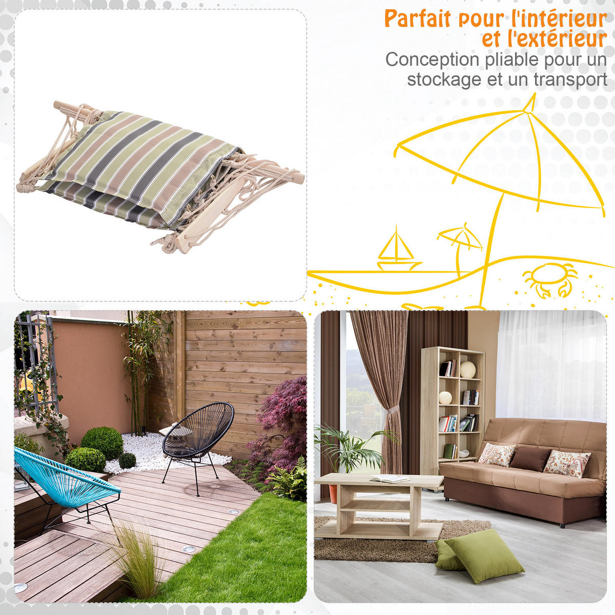 HÄNGESESSEL DE-15226 100/49/106 cm mit Macramé Mehrfarbig gestreift - Beige, Metall (49/106/100cm) - ComfortXL