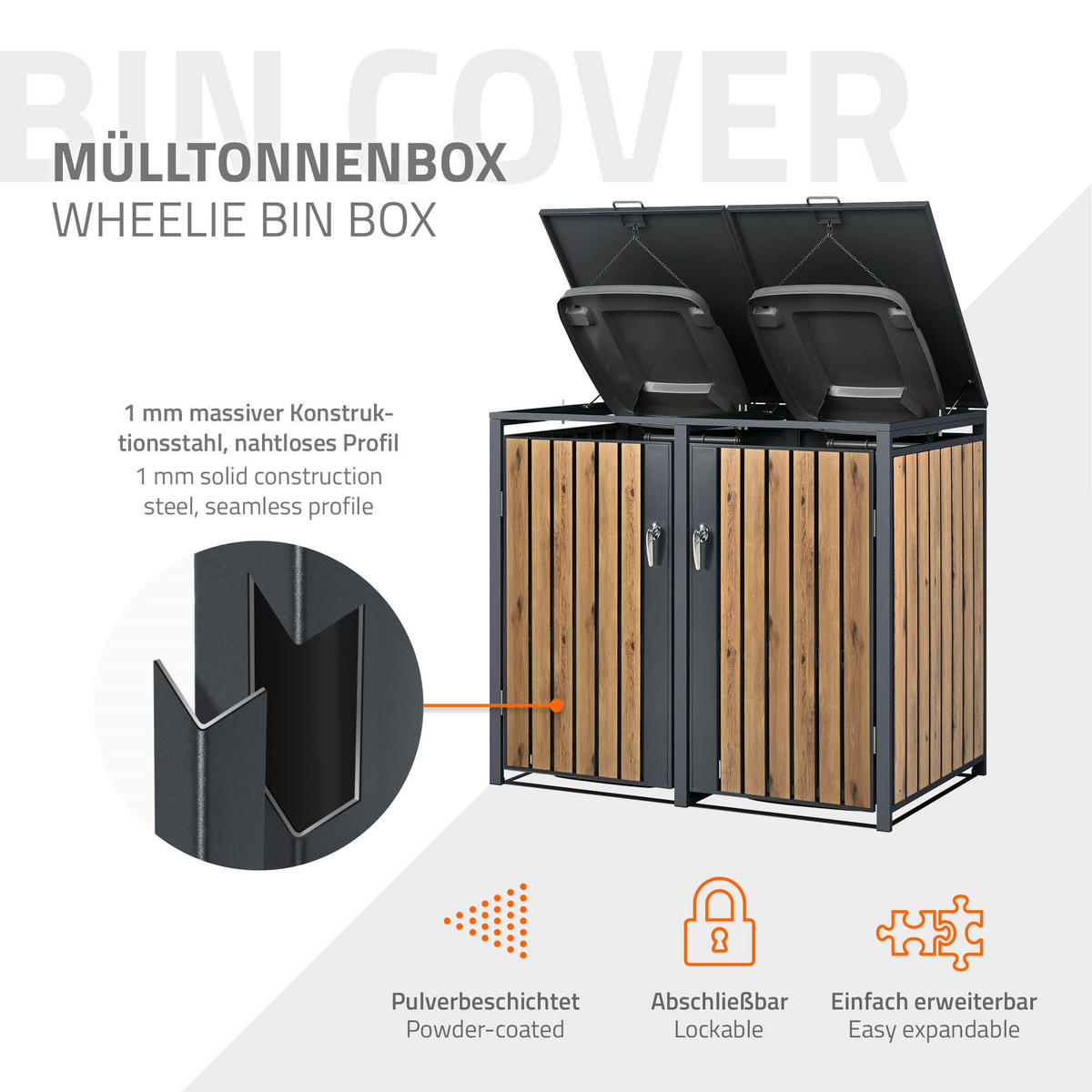 MÜLLTONNENBOX 2er Anthrazit-Eichenoptik - Dunkelbraun, Metall (80/116.3/132cm) - ML-DESIGN