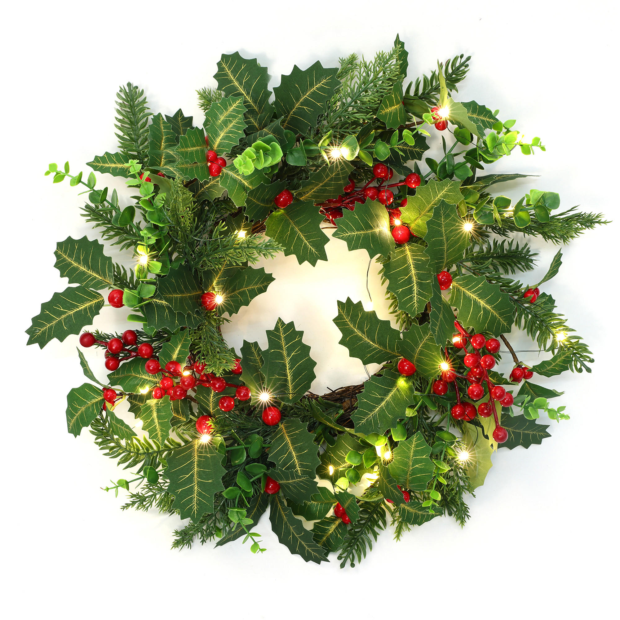 RUNDER LED-Weihnachtskranz Ø 40 cm mit roten Beeren, 30 LEDs, Timer - Dunkelgrün, Naturmaterialien (40cm) - Hometopia