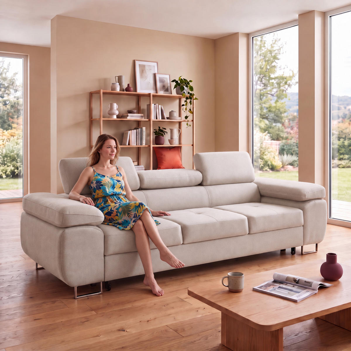 3-SITZER-SOFA WILD mit Schlaffunktion 127x190 Velours Beige - Chromfarben/Beige, Holz/Textil (262/90/102cm) - Muffo
