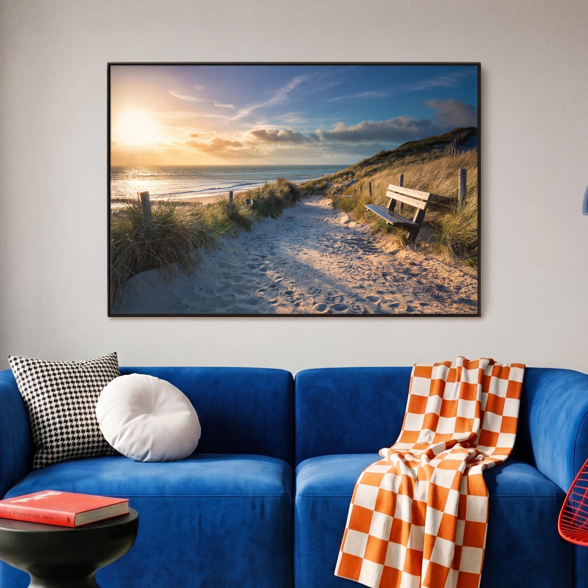 LEINWAND Bilder mit Rahmen - Sonnenuntergang - Strand - Düne - Gras - Ufer - 90x60 - Sandfarben, Textil (90/60cm) - MuchoWow