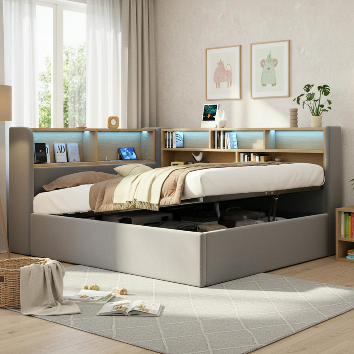 JUGENDBETT 140/200 cm in Grau Samt mit Bettkasten, LED und USB - Grau, Holzwerkstoff/Textil (140/200cm) - WISHDOR
