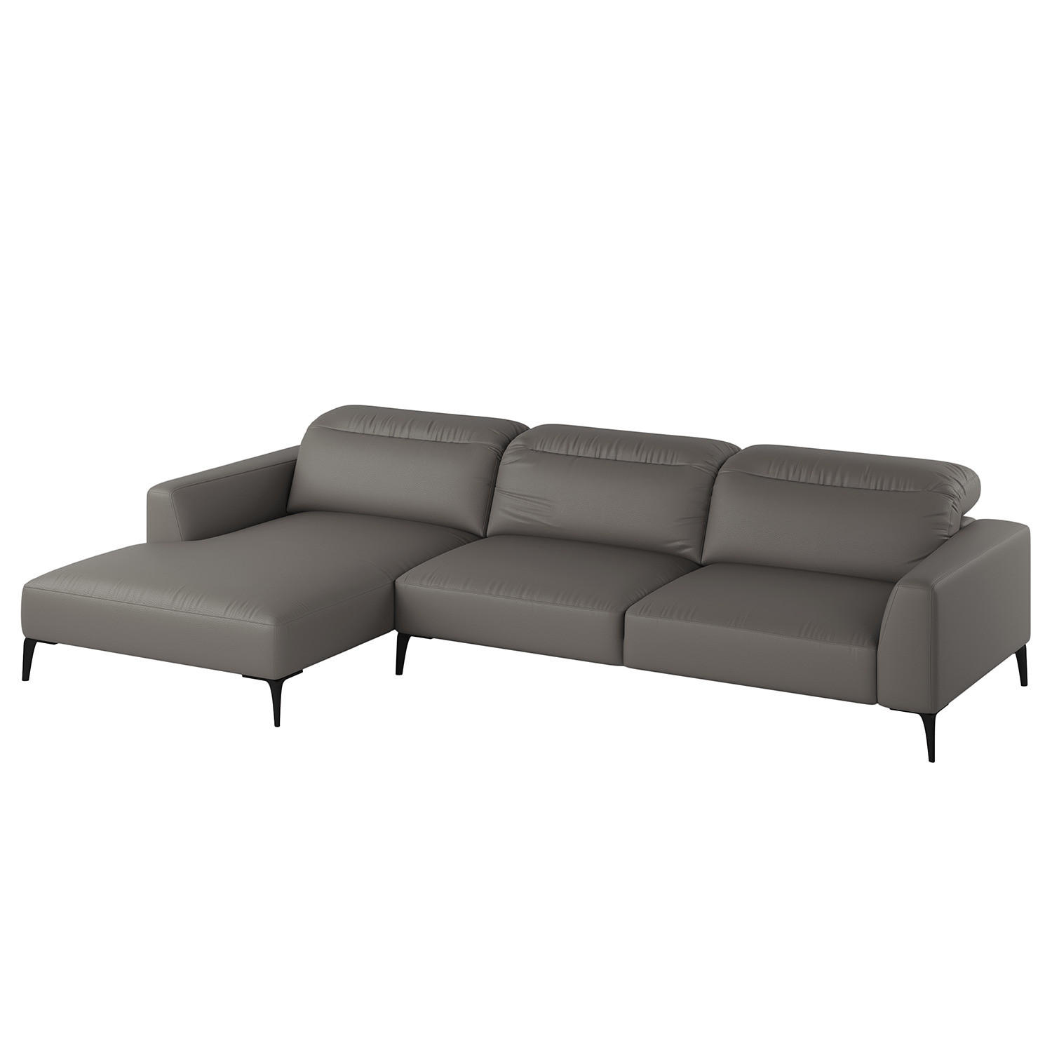 ECKSOFA mit Longchair - Schwarz/Grau, Leder/Metall (328/180cm) - home24