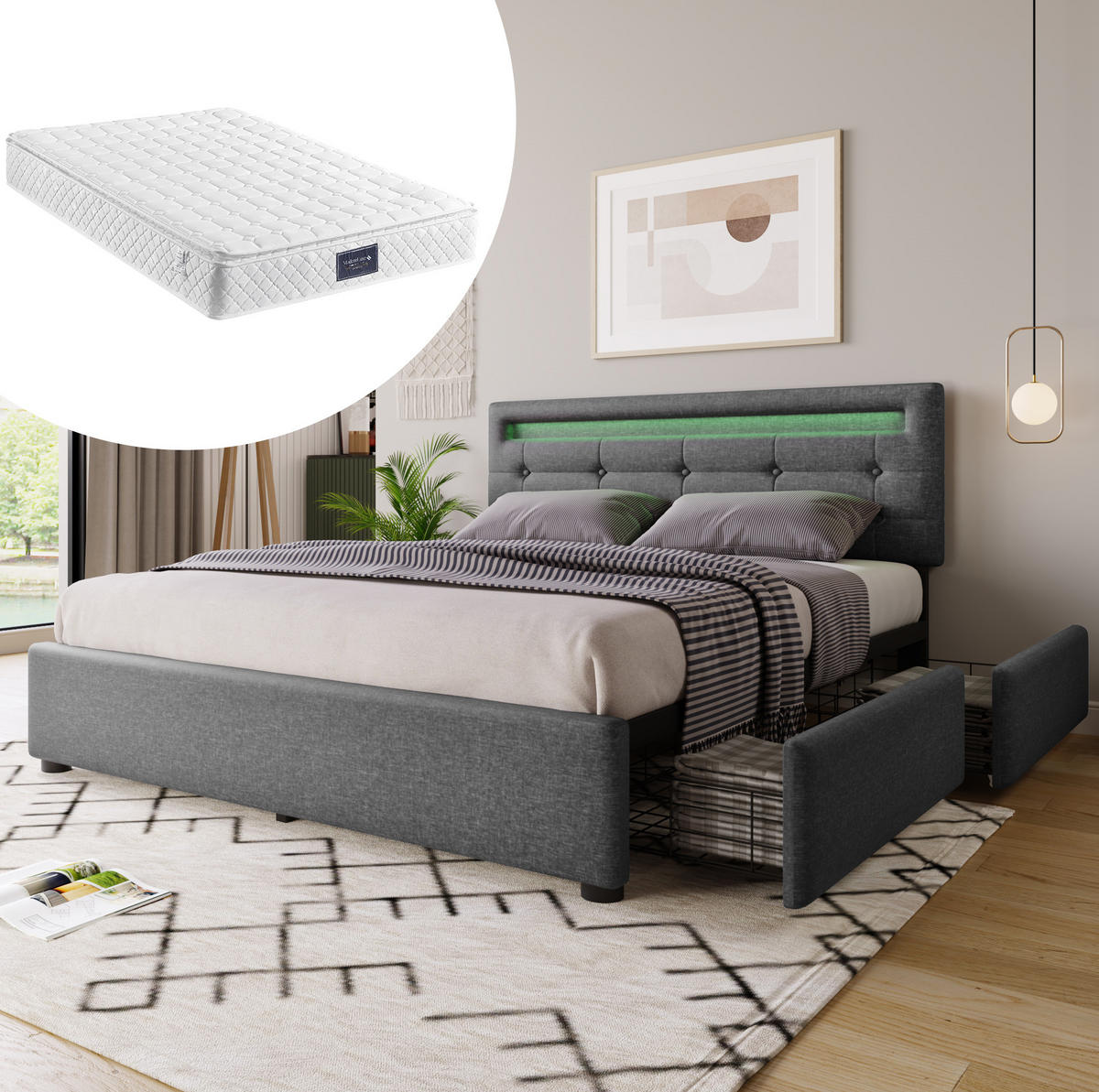 ČALÚNENÁ posteľ z ľanu 140x200 cm sivá s LED osvetlením, 4 zásuvkami a matracom - sivá, textil (140/200cm) - Modfu