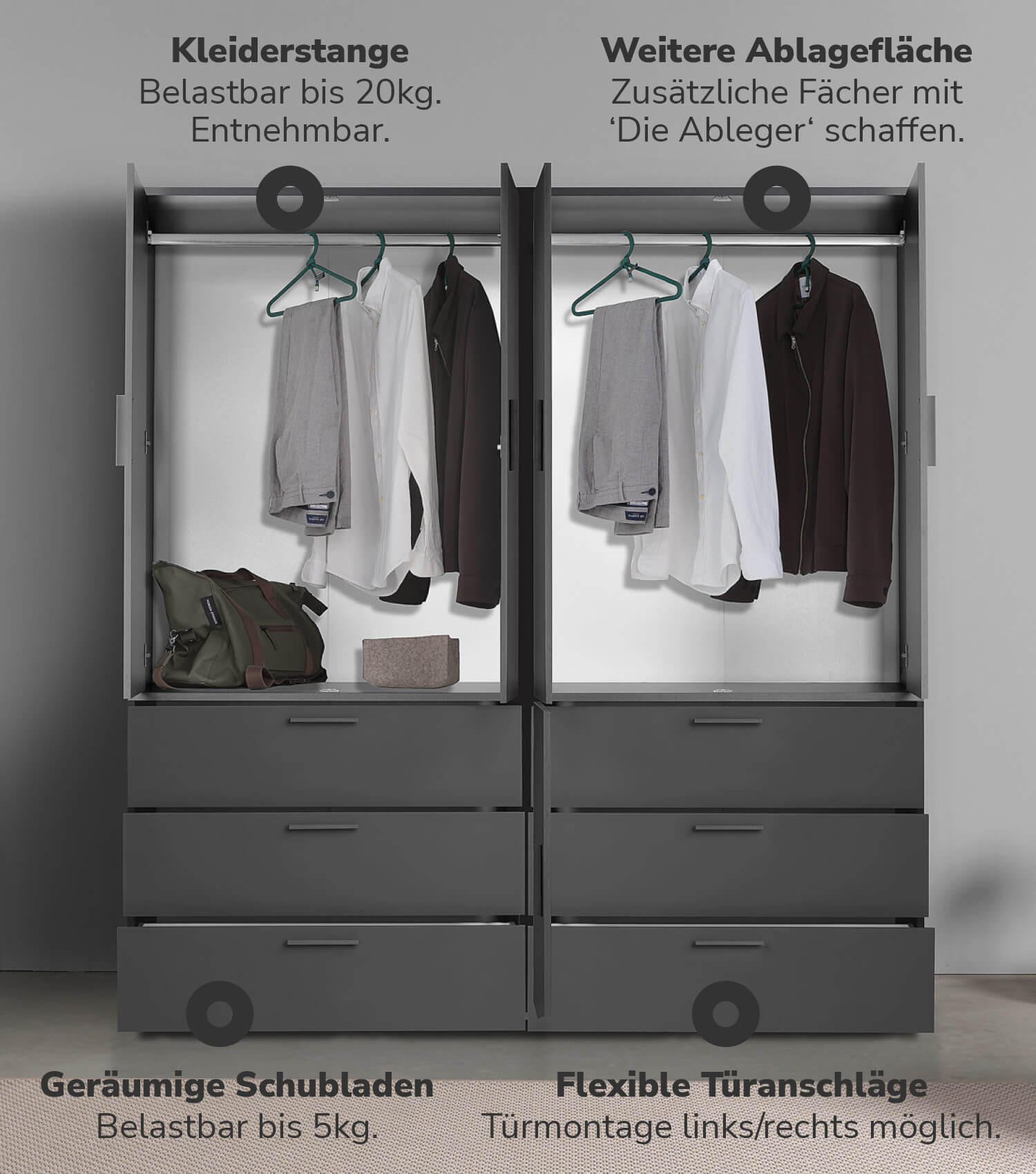 KLEIDERSCHRANK mit Spiegel Der Grenzenlose - Anthrazit, Holzwerkstoff (180/187/58cm) - Mokebo