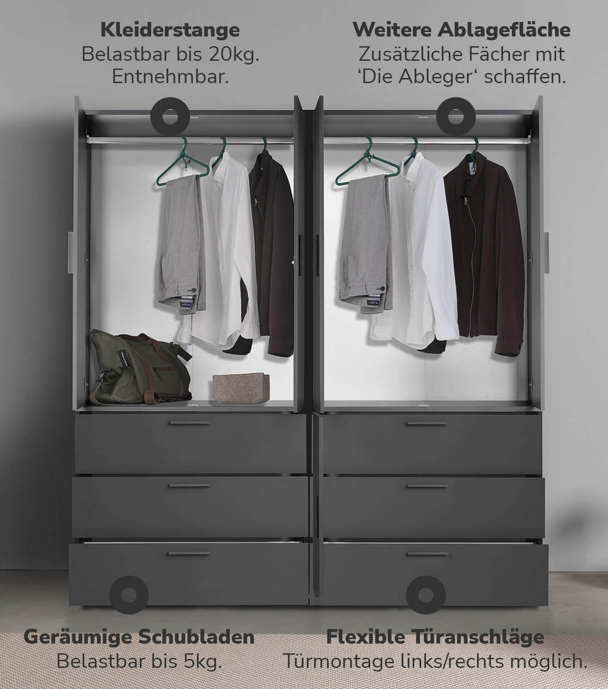 KLEIDERSCHRANK Der Grenzenlose - Anthrazit, Holzwerkstoff (180/187/58cm) - Mokebo