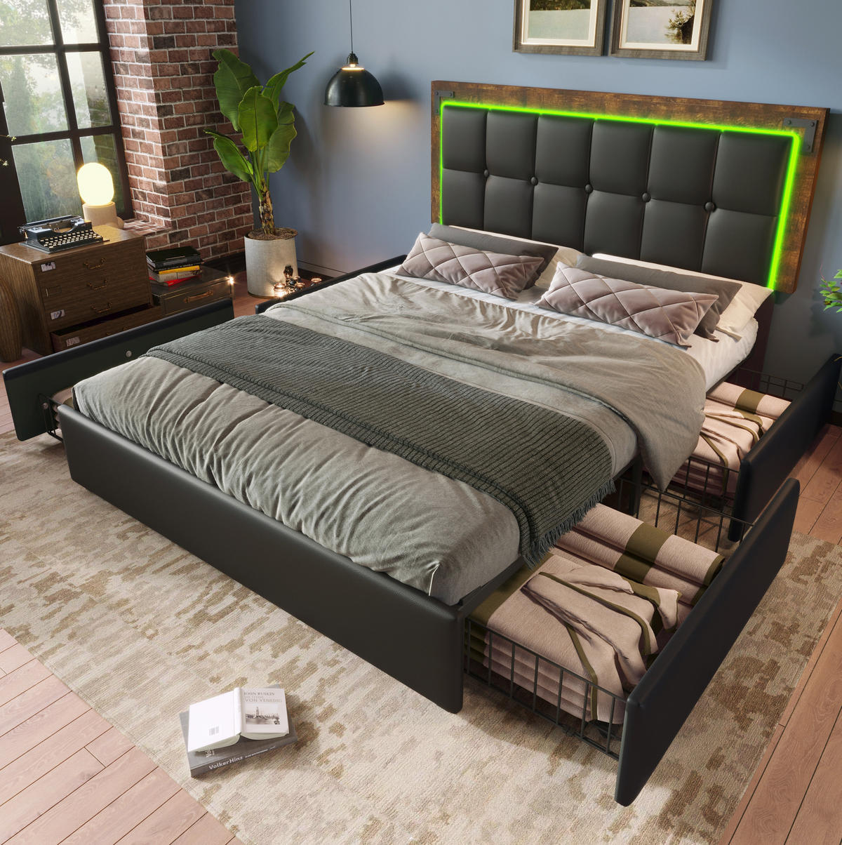 POLSTERBETT mit LED-Beleuchtung 140/200 cm mit Schubladen & verstellbarem Kopfteil - Schwarz, Kunststoff (140/200cm) - BEAOK
