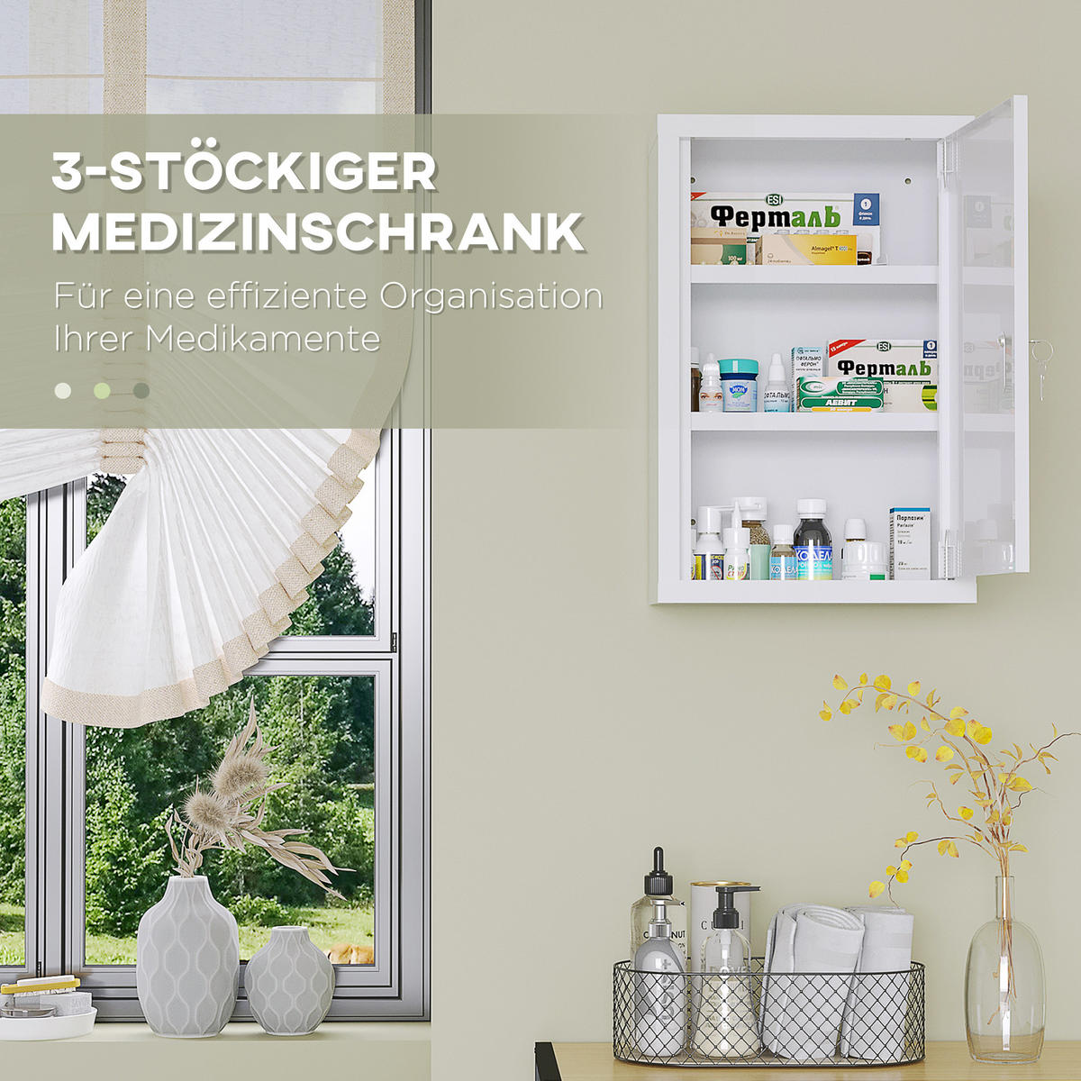 MEDIZINSCHRANK, Apothekerschrank mit 3 Fächern, 2 Schlüsseln Abschließbar, Stahl - Weiß, Metall (14/46/30cm) - Kleankin
