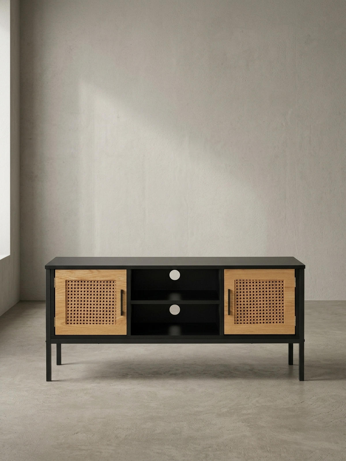LOWBOARD Schwarz Eiche-Dekor Zeitloser Stil 110x48x40 cm mit Wiener Geflecht und Türen - Schwarz, Holzwerkstoff/Metall (110/48/40cm) - KADIMA DESIGN