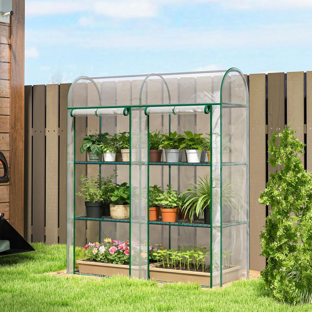 GEWÄCHSHAUS DE-12068 mit 3 Etagen & 2 Rolltüren Transparent - Transparent, Kunststoff (46/164/143cm) - ComfortXL