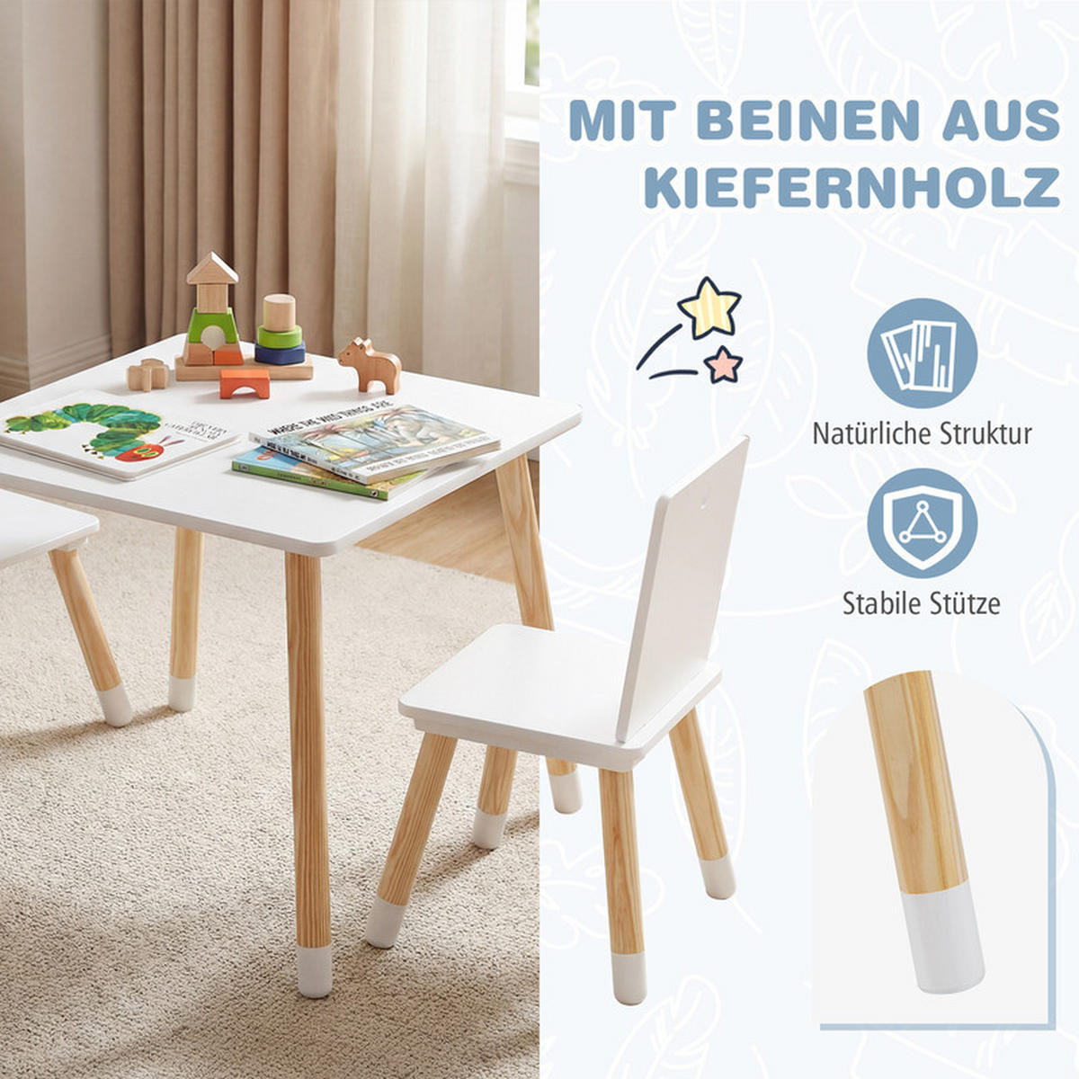 KINDERSITZGRUPPE Holz weiß(3-tlg) - Weiß, Holzwerkstoff (63/49/52.5cm) - COSTWAY