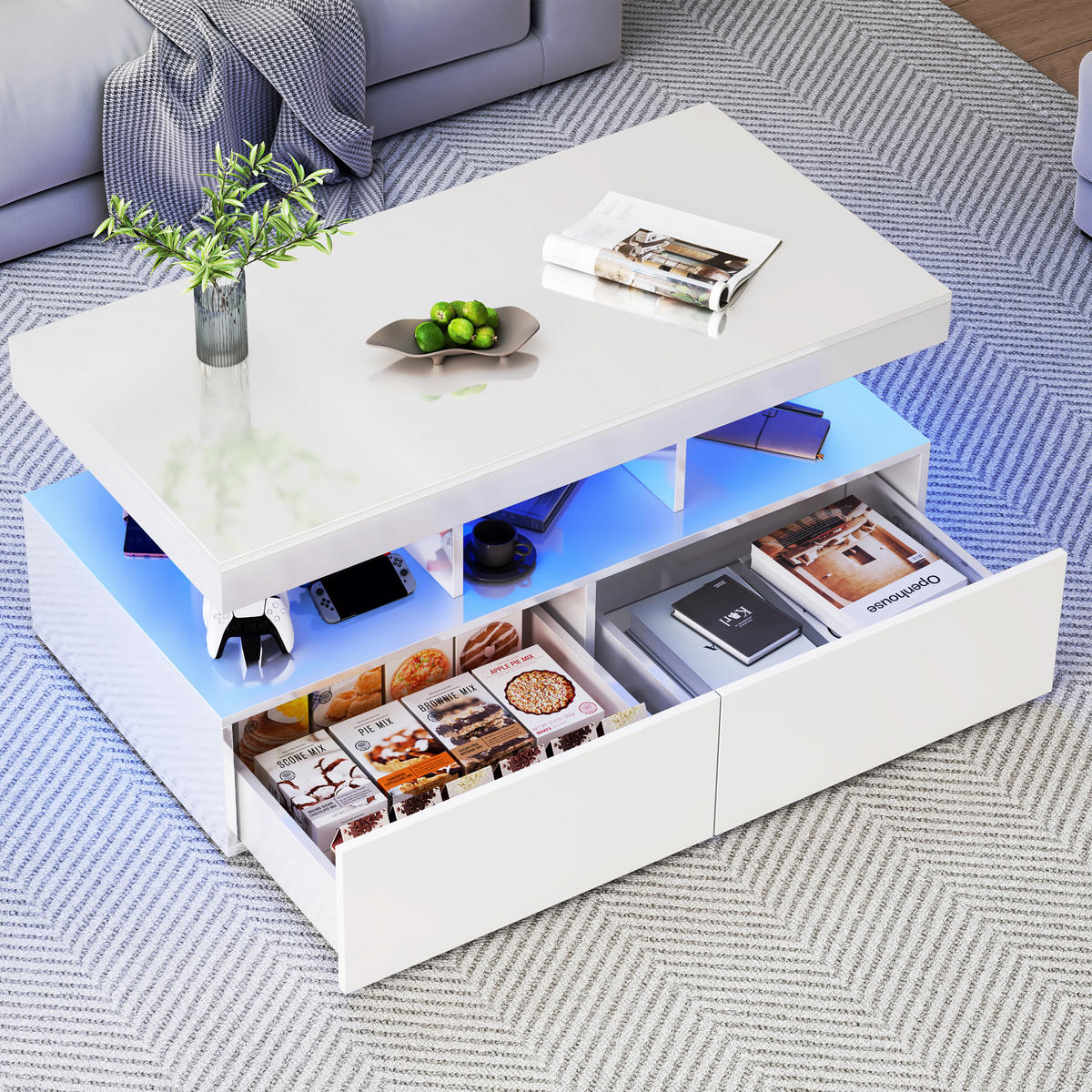 COUCHTISCH 2 Schubladen LED Stauraum modern weiß - Weiß, Holz (53/104/46cm) - LEBENLANG