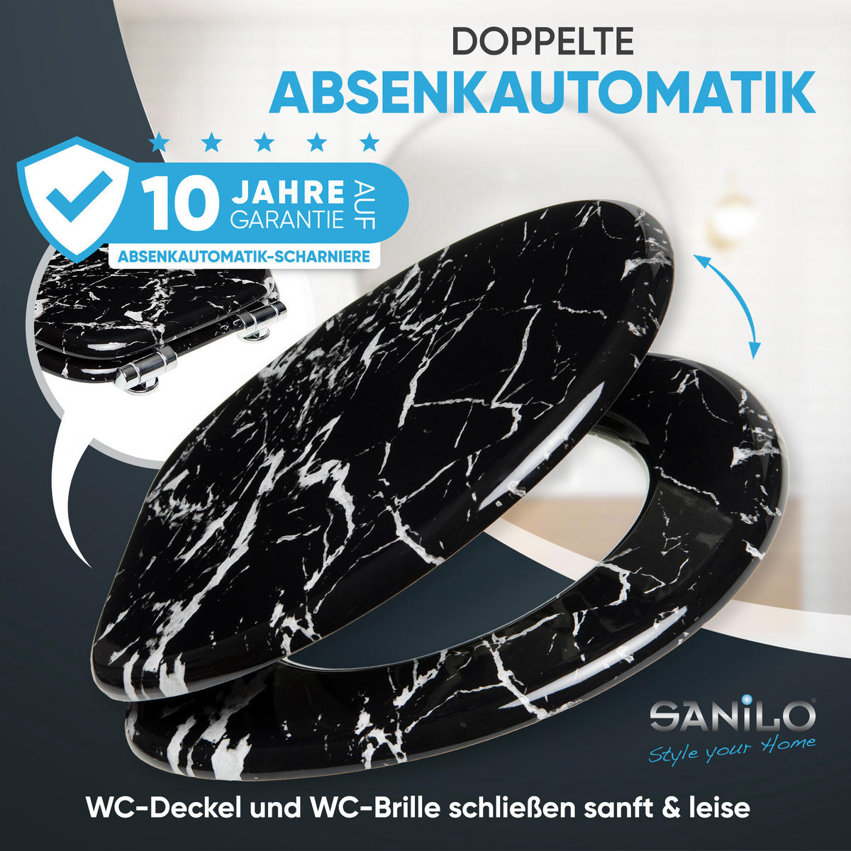 WC-SITZ Absenkautomatik Marmor Schwarz - Schwarz, Holzwerkstoff (38/6/47cm) - Sanilo
