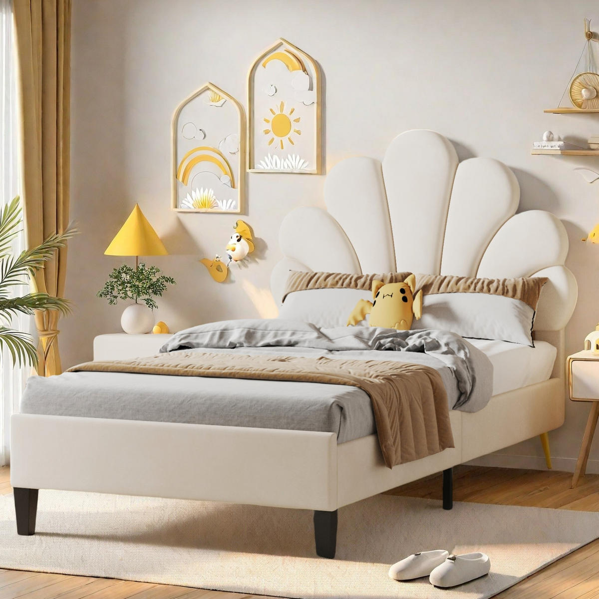 EINZELBETT 90x200 cm aus Samt in Beige, luxuriöses Kinderbett in Muschel-Optik, weiches Jugend-Polsterbett mit Lattenrost - Beige, Holzwerkstoff (90/200cm) - Brevoria