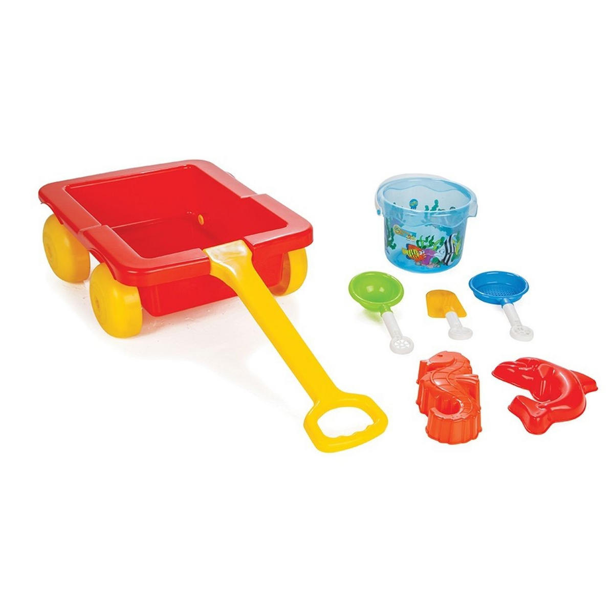 SANDSPIELZEUG 6112 Ziehwagen, Eimer, Förmchen, Schaufeln, Rechen, flaches Wasser - Multicolor, Kunststoff (39/30/14cm) - Pilsan