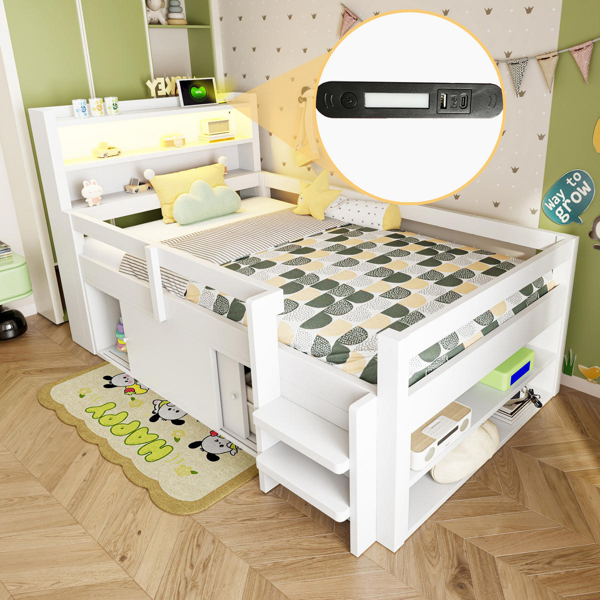 KINDERBETT 90/200 cm in Weiß Holz mit Stauraum, LED und USB - Weiß, Holz/Holzwerkstoff (90/200cm) - WISHDOR