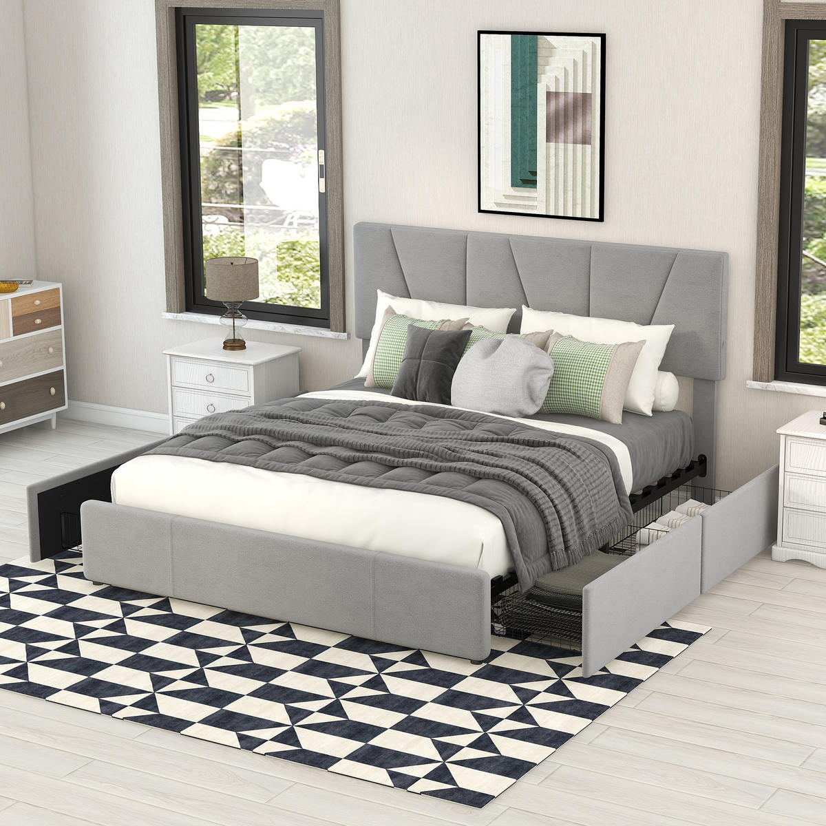 POLSTERBETT 140/200 cm grau mit vier Schubladen und höhenverstellbarem Kopfteil - Grau, Textil (140/200cm) - OKWISH