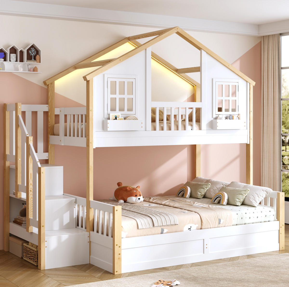 ETAGENBETT 90/200 cm und 140/200 cm mit LED, Stauraumtreppe ohne Matratze - Weiß, Holz (140/200cm) - MIVRAY