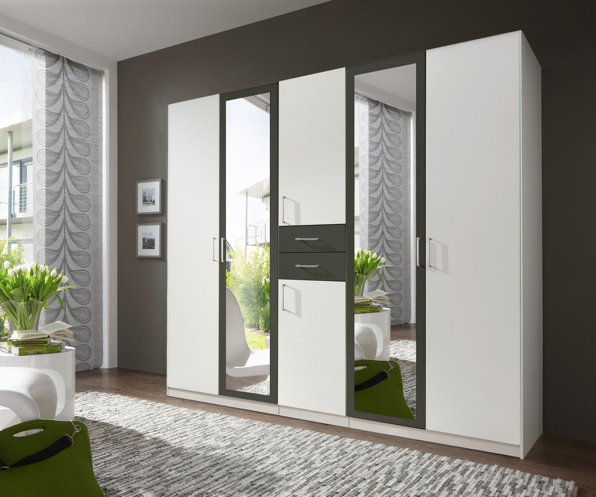 DREHTÜRENSCHRANK Kleiderschrank B225/H208/T58 cm mit Schubkästen & 2 Spiegeltüren, Weiß mit Absetzungen in Grafit / 22590 - Silberfarben/Graphitfarben, Holzwerkstoff/Kunststoff (225/208/58cm) - luma-home