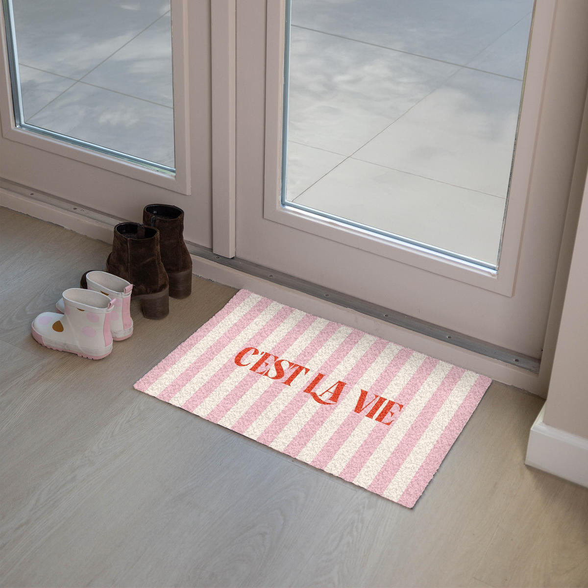 FUSSMATTE Zartrosa – Rot – Streifen – C'est La Vie 60x40 cm - Rosa, Kunststoff (60/0.4cm) - MuchoWow