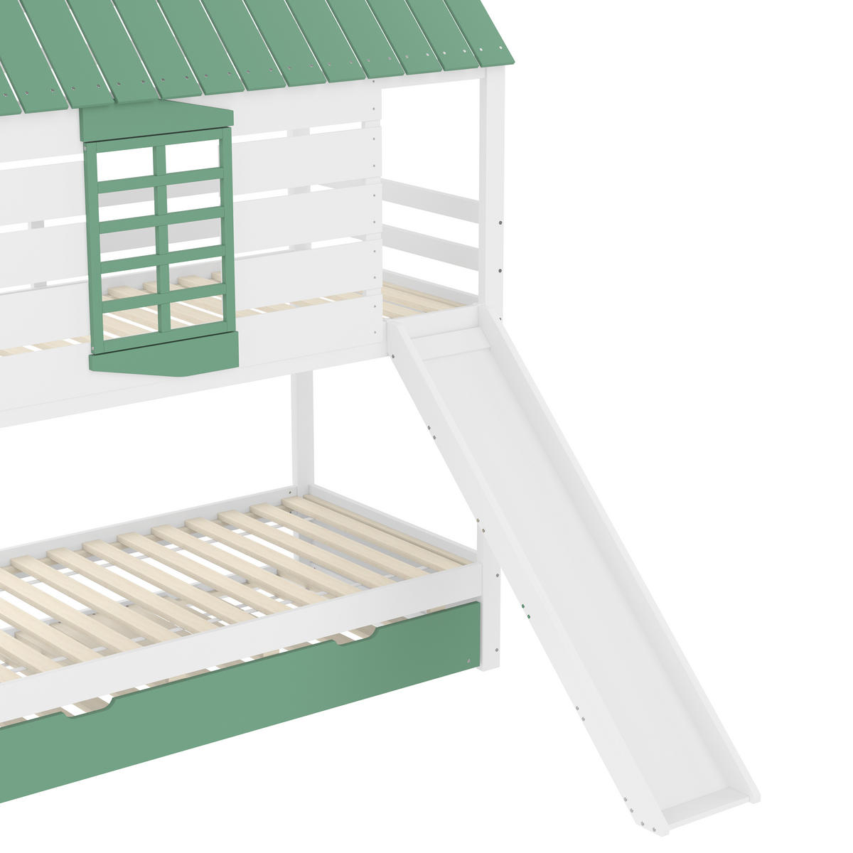 ETAGENBETT Haus 90x200 Weiß+Grün mit Rutsche und Ausziehbett - Grün, Holz (90/200cm) - ComfortXL