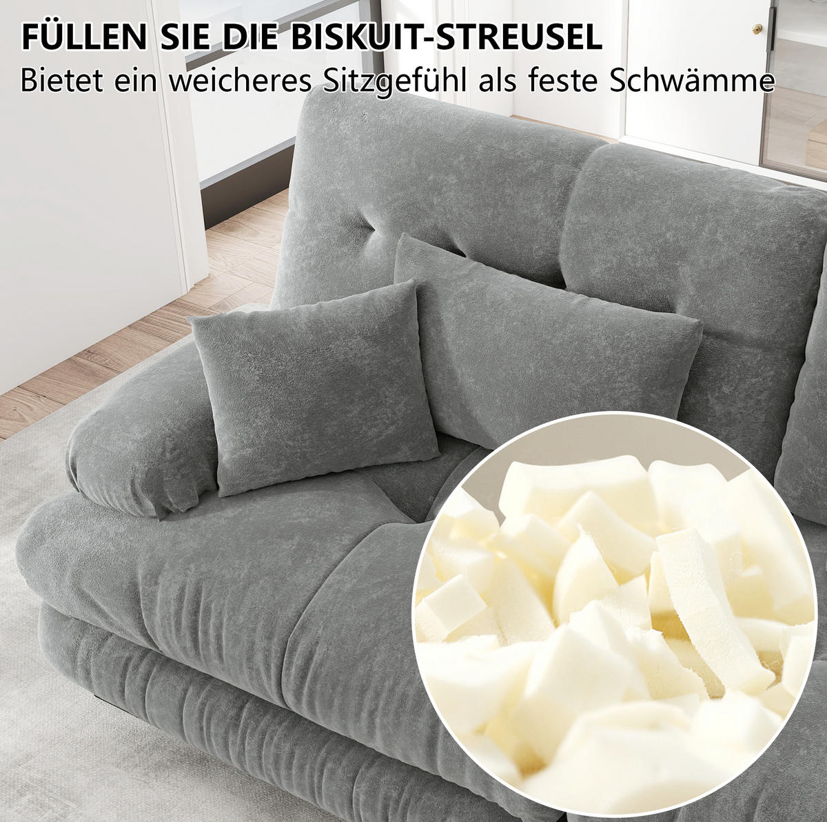 SOFA in Grau aus Chenille mit Ottomans und Lendenkissen - Grau, Textil (145/81/220cm) - Flora Grace