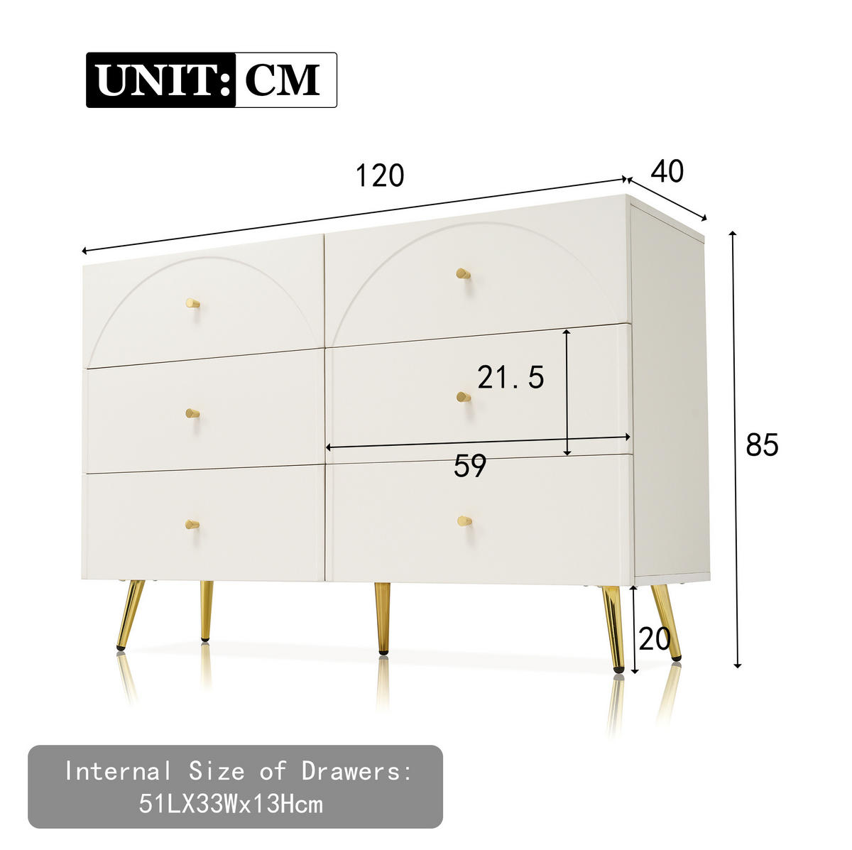 KOMMODE 120/85/40 cm Creme-Weiß aus Holz und Metall mit 6 Schubladen - Creme, Holz (85/40/120cm) - OKMYHOME