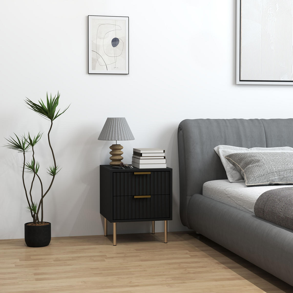 NACHTTISCH Schwarz MDF Stahl 2 Schubladen - Schwarz, Holzwerkstoff (40/48/39cm) - PANGIVO