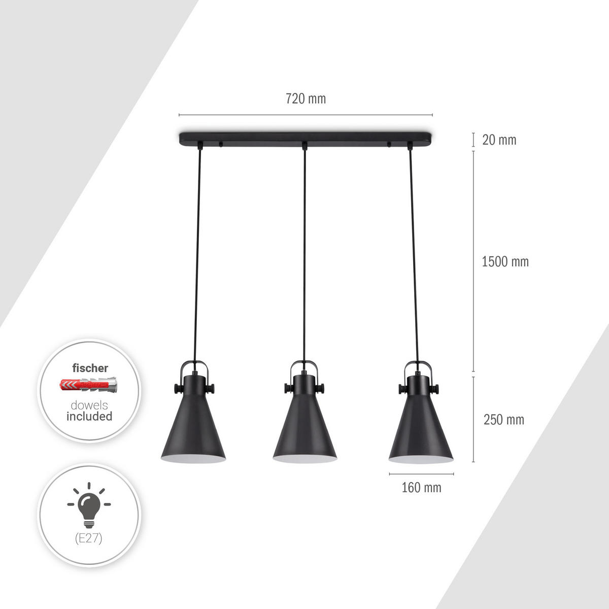 PENDELLEUCHTE Otto - Schwarz, Metall (16/16/25.4cm) - Paco Home