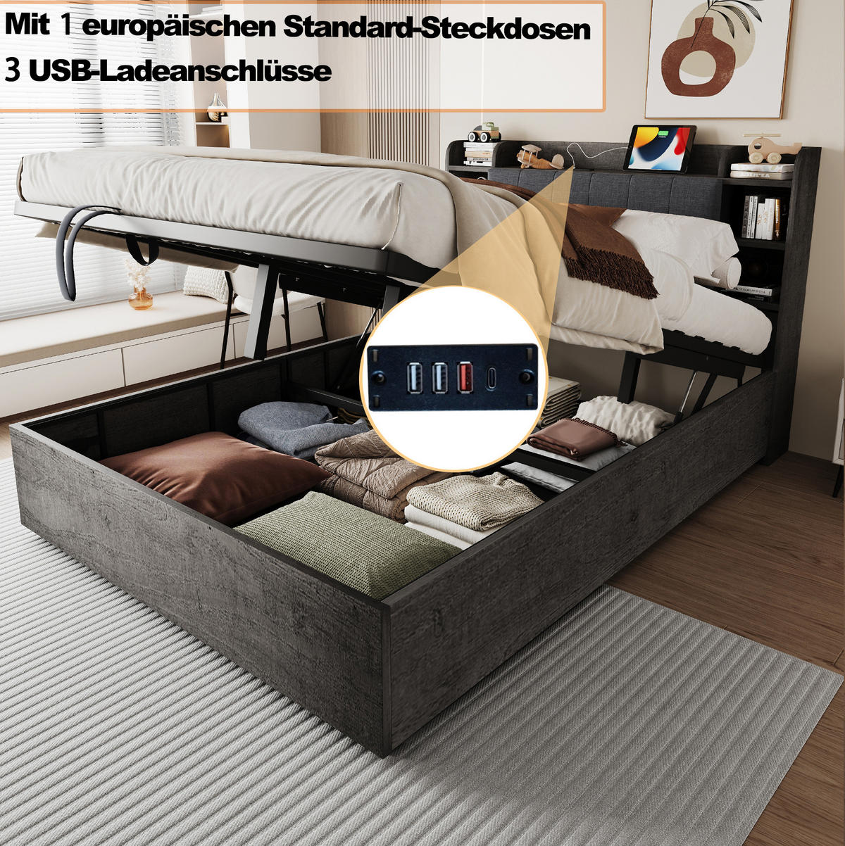POSTEĽ 180/200 cm sivá z MDF s hydraulickým úložným priestorom a čelom s USB a USB-C - sivá, kompozitné drevo (180/200cm) - OKWISH